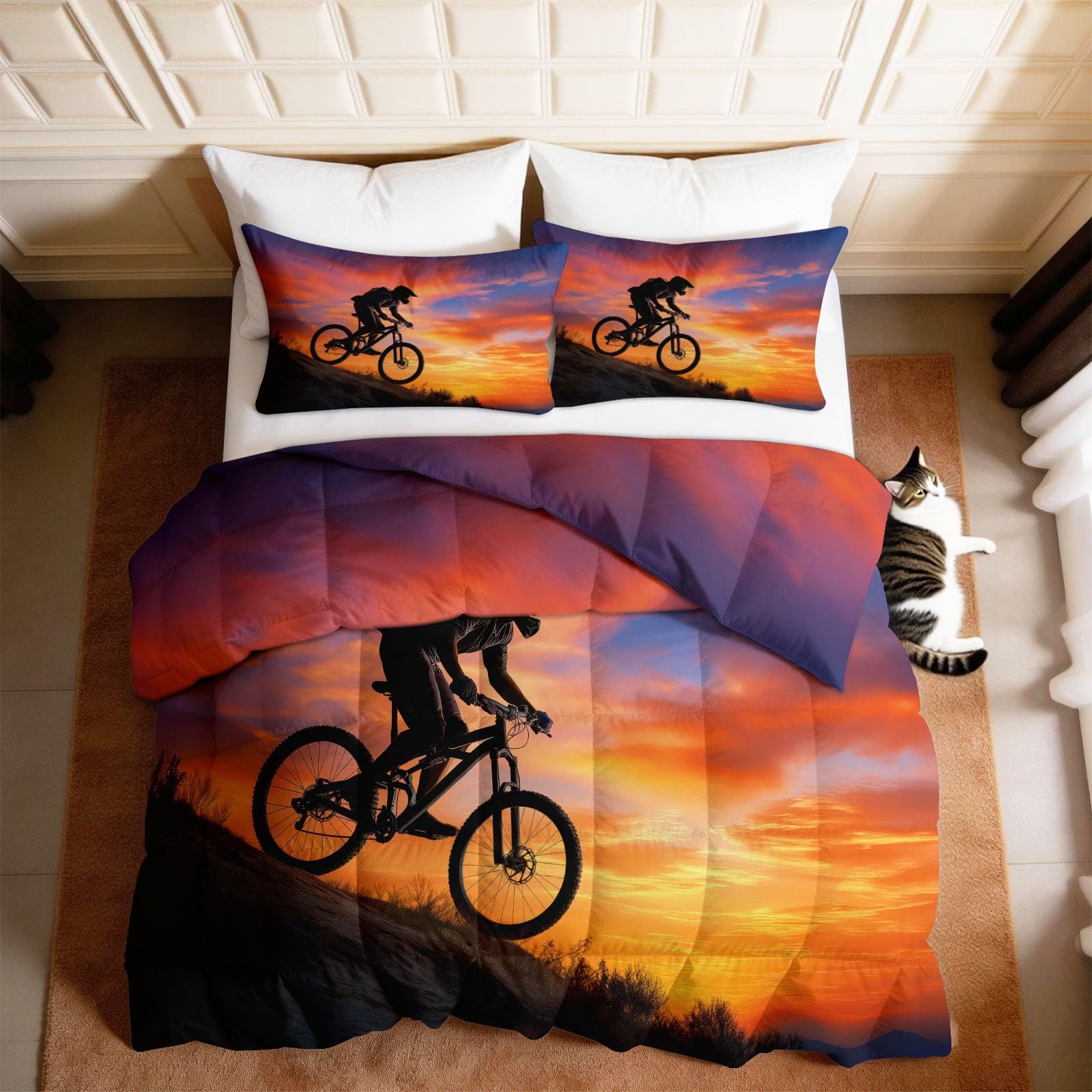 Generisch Piumino da 200 x 200 cm, motivo foresta, tramonto e bicicletta, utilizzabile per 4 stagioni, senza rivestimento, soffice e morbido, per fotografia, ciclismo, lavabile, con federa