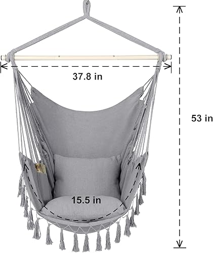 Miniatura 29 de Y- STOP Silla Hamaca Colgante Columpio de Cuerda, Máximo 500 Libras, 2 Cojines Incluidos, Silla Colgante Grande de Macramé con Bolsillo, Tejido