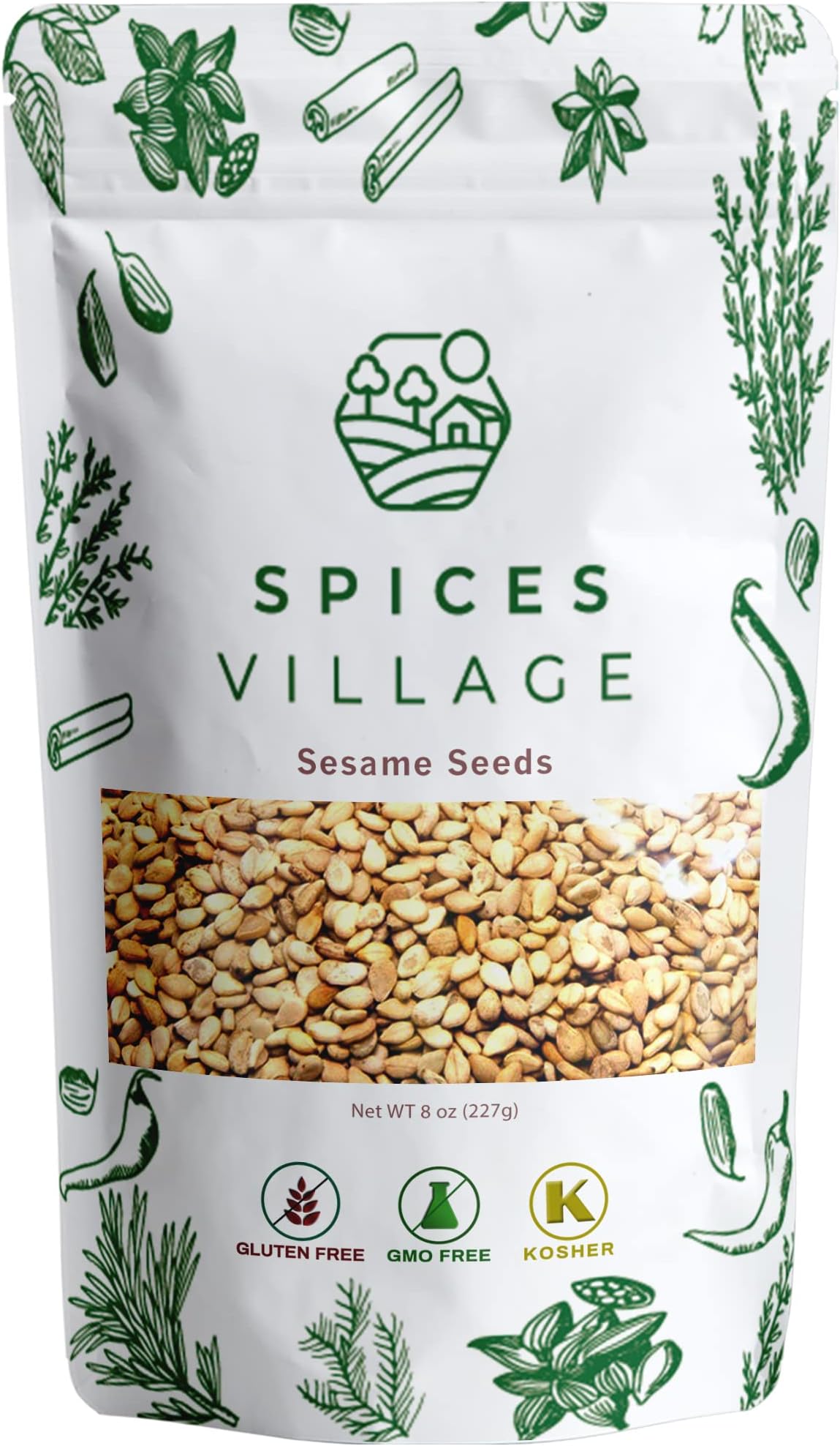 Spices VillageRaw Sesame Seeds (8 oz) - Whole, Unhulled & White Sesame Seeds for Cooking and Baking, Perfect for Tahini, KETO Friendly - Kosher Certified, Gluten Free, Non-GMO, Resealable Bulk Bag