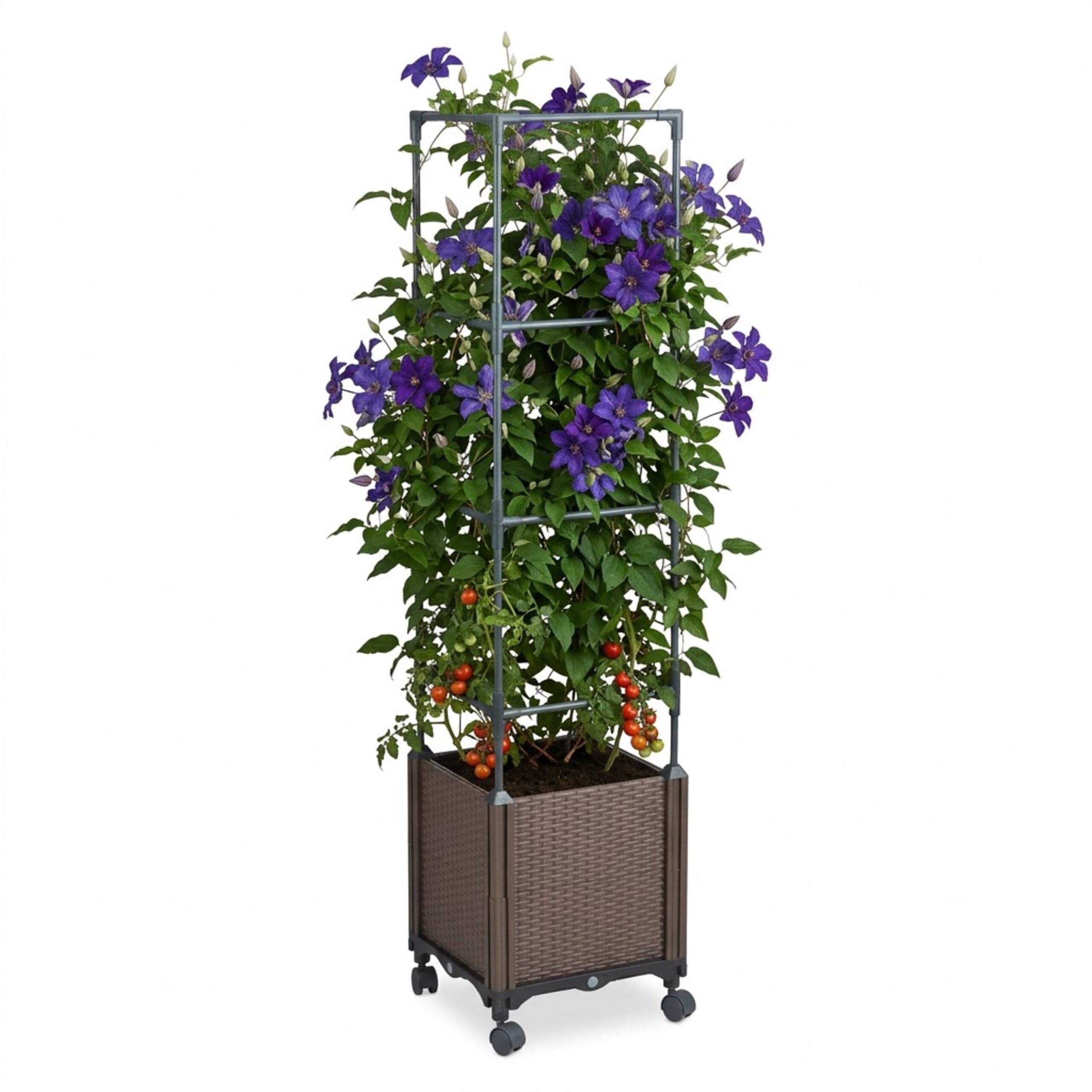 Relaxdays Fioriera con griglia rampicante, Ruote, HxLxP: 135x30x30 cm, plastica, Acciaio, Giardino