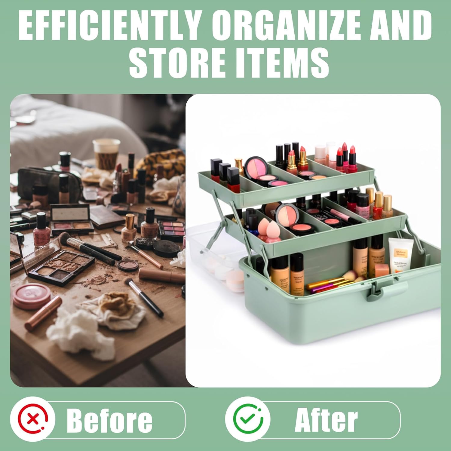 Teecyhooo 2 Pcs 13 Inch 3-layer Multipurpose Craft Organizers Storage Portable Plastic Tackle Box with Adjustable Spacers and Handled Folding Art Craft Case for Sewing Art Supply Medicine(Green)
