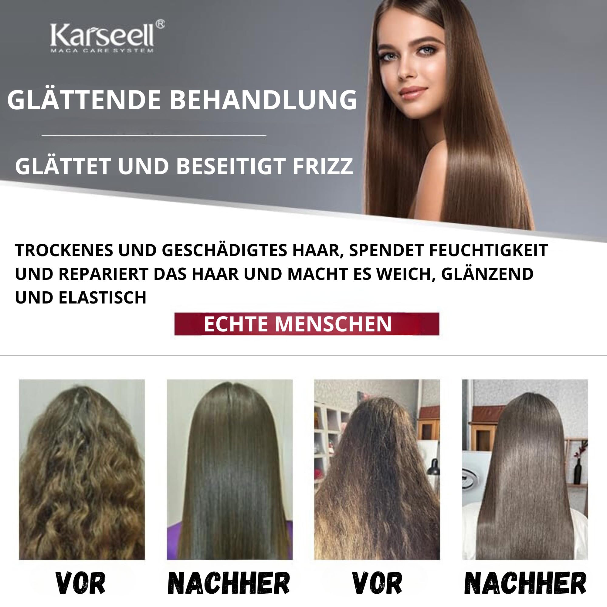 Karseell MACA CARE SYSTEM Keratin Glättung Ohne Formaldehyd Trockenes Krauses Geschädigtes Haar Kollagen Biotin Arganöl Feuchtigkeitspflege Glanz Reparatur Antifrizz Tägliche Anwendung Zuhause 500ml