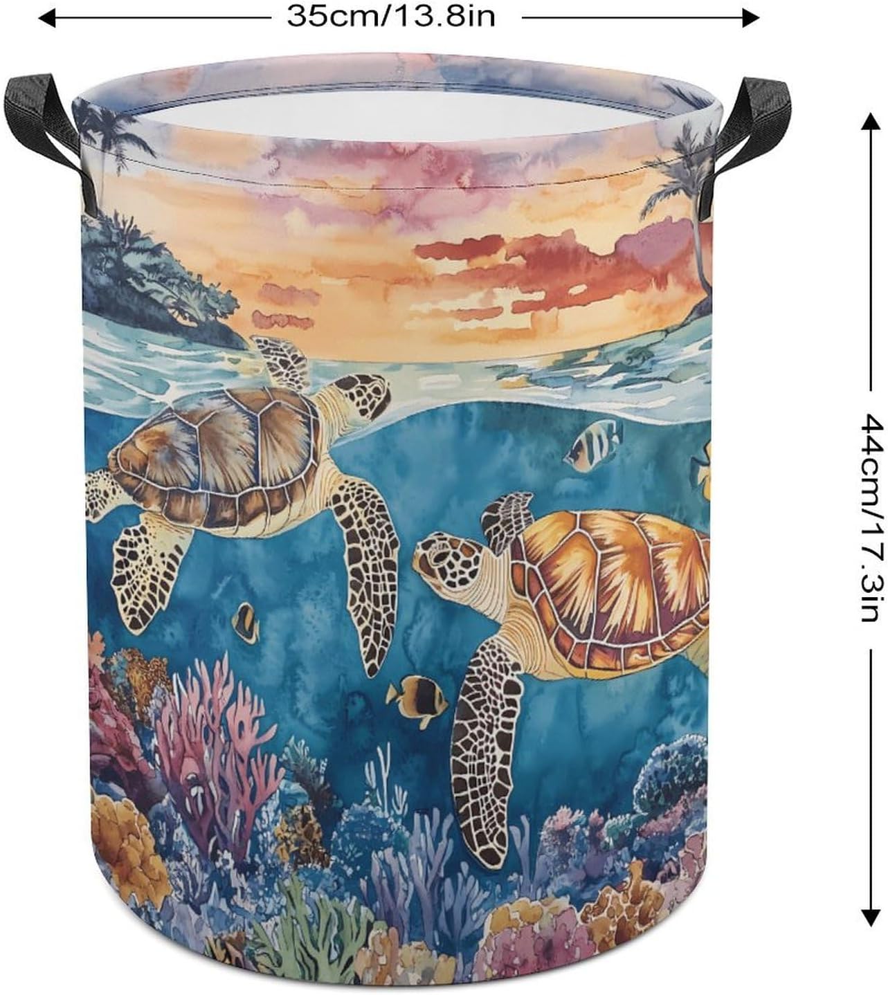 Ocean Turtles Tropical Fish Coral Laundry Hamper Basket for Home Bathroom | clothes storage,handle,large capacity,oxford