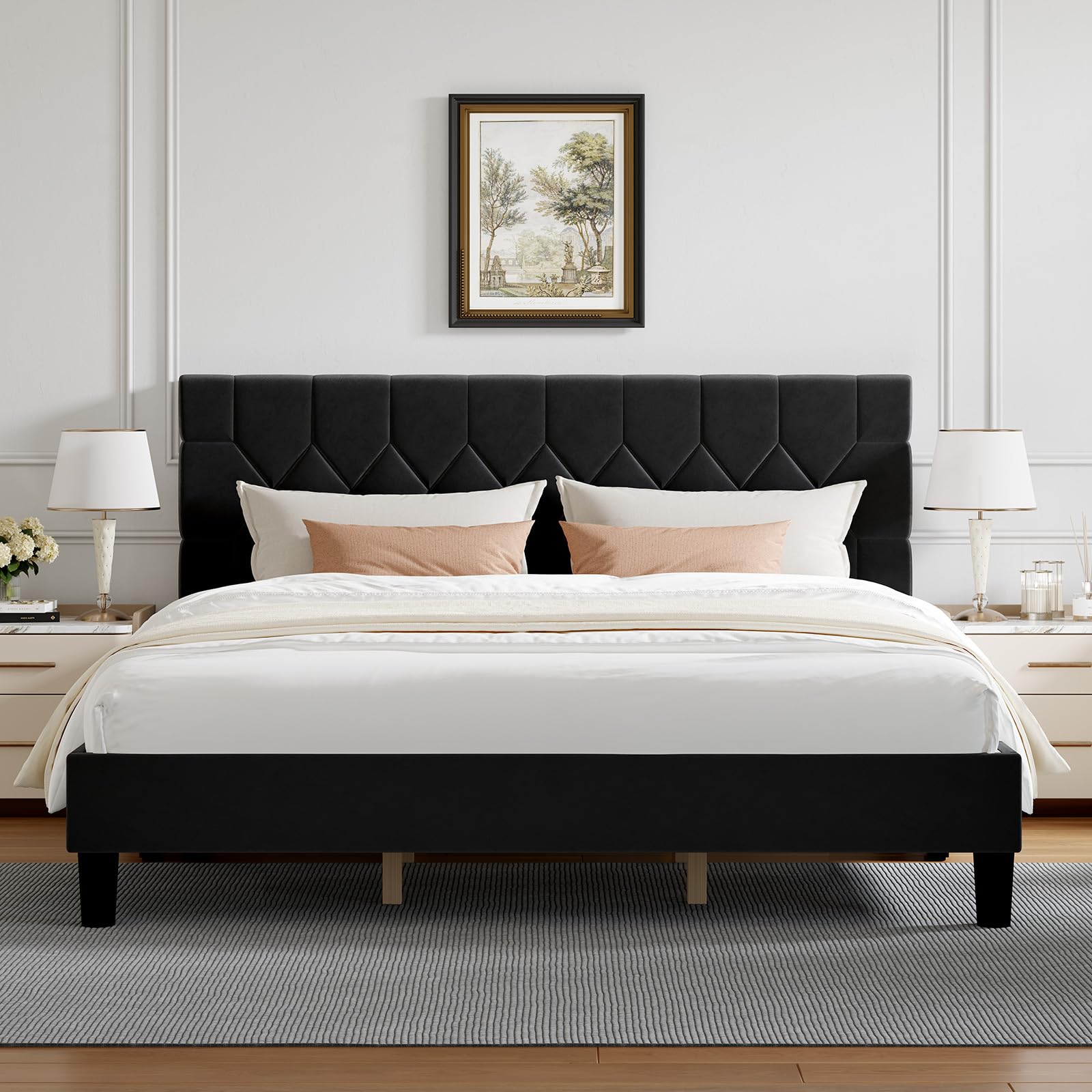 novilla king size bed frame, king bed frame and headboard, velvet upholstered pull-point bed frames, no box spring needed, heavy duty feet, easy assembly, black velvet