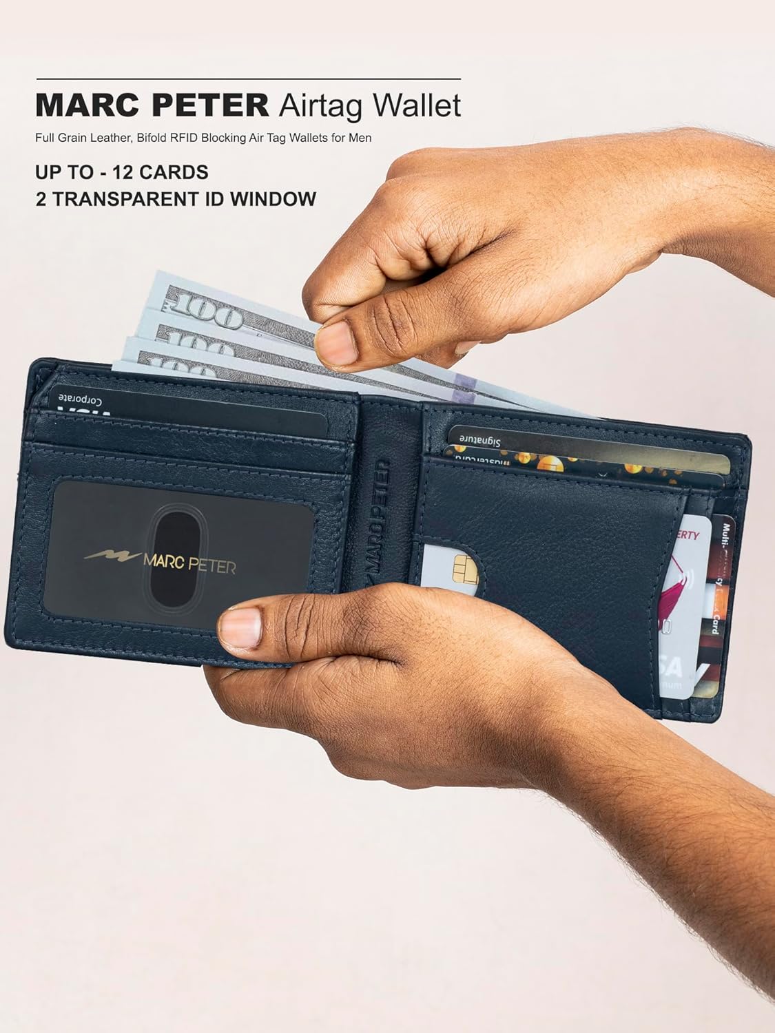 Marc Peter Airtag Wallet – Minimalist Front Pocket RFID Blocking Mens Wallet Full Grain Leather, Bifold AirTag Holder with 2 ID Window up to 14 Cards and Gift Box Nappa Navy - Image 9