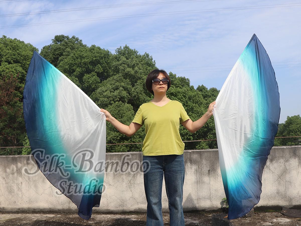 Winged Sirenny 70" Sheer Silk Dance Angel Wings with Flex Rods, Circular Handpainted Fluid Translucent Silk Worship Flags
