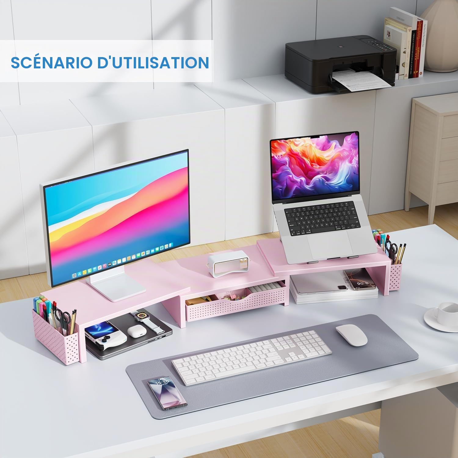 Support élévateur pour double moniteur, accessoires de bureau en métal avec tiroir et 2 porte-stylos, longueur et angle réglables - Support de moniteur d'ordinateur pour écran, ordinateur