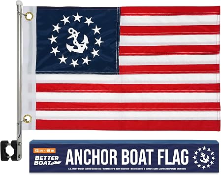 Anchor Boat Flag Pole Kit, 12 x 18 US Yacht Ensign, Double-Sided | Marine Grade, Pontoon, Sailboat, or Ski Rail Mount Holder