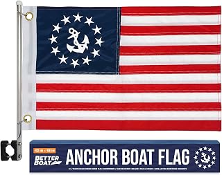 Anchor Boat Flag Pole Kit, 12" x 18" US Yacht Ensign, Double-Sided Marine Grade, Pontoon, Sailboat, or Ski Rail Mount Holder