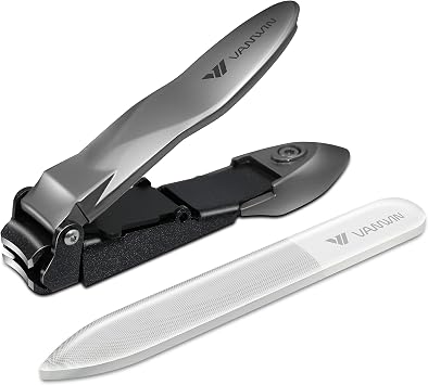 Nail Clippers with Catcher, No Splash Fingernail Toenail Clippers with Sharp Curved Blade and Glass Nail File, Wide Jaw Opening Stainless Steel Nail Cutter Trimmer for Seniors Adult Men Women
