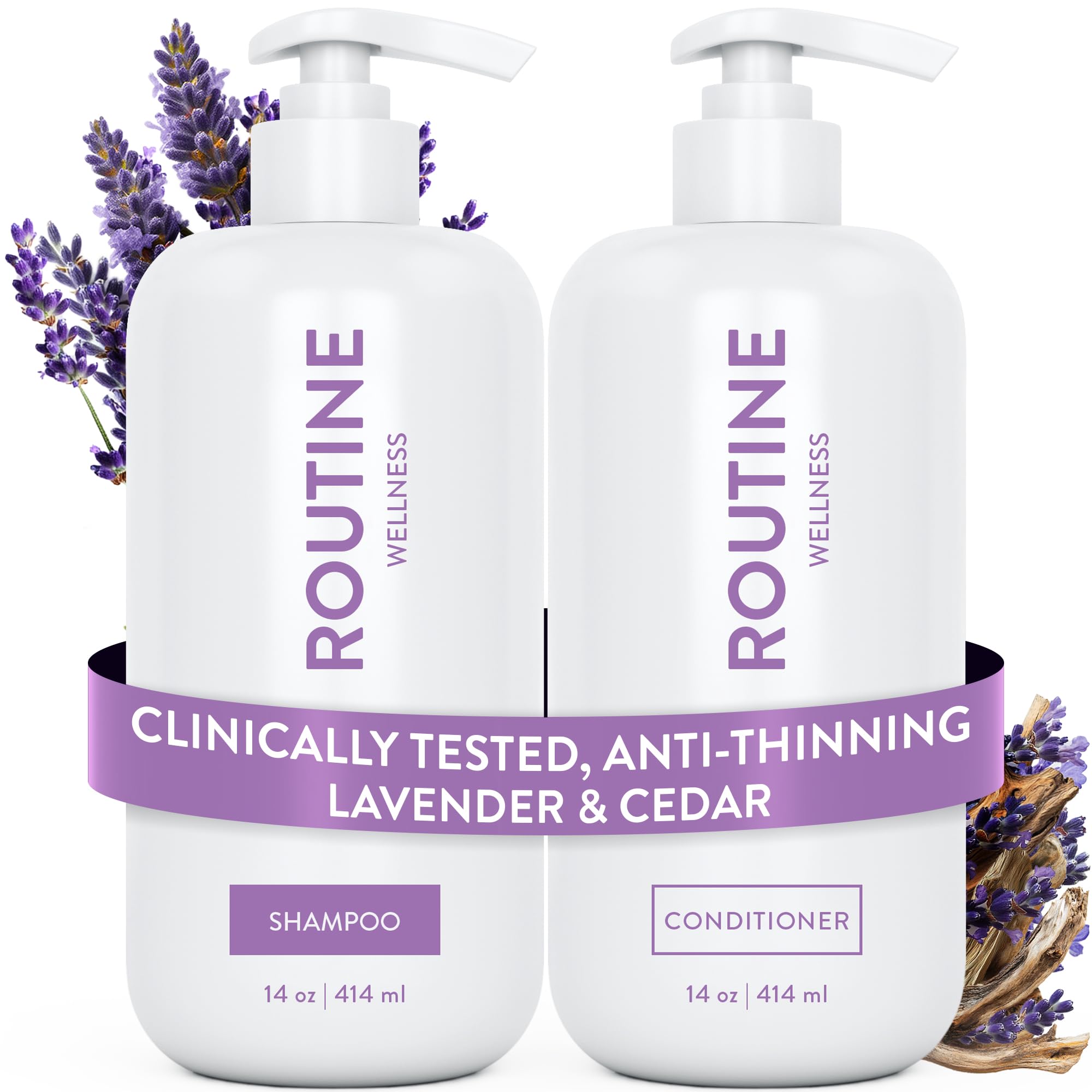 Routine Wellness Shampoo & Conditioner Set - Strengthening & Volumizing for Thinning Hair - Promotes Full, Voluminous, Healthy Hair - Lavender & Cedar Set