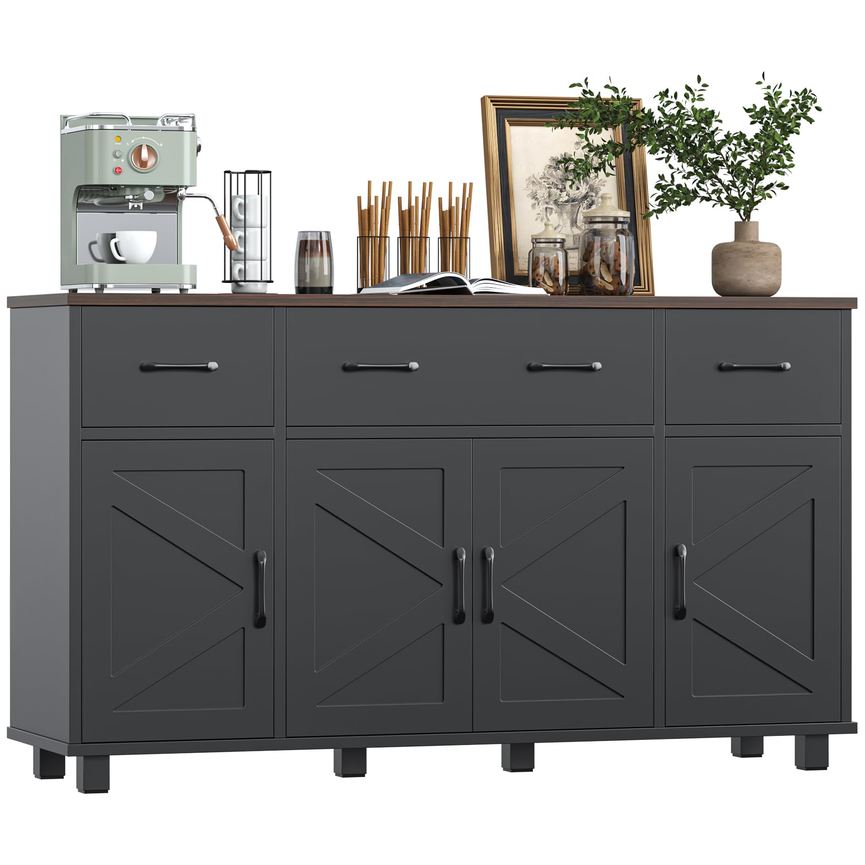 55" sideboard buffet cabinet with storage, coffee bar cabinet with 3 drawers and 4 barn doors, long storage cabinet modern farmhouse, black wood, for kitchen, dining room, living room