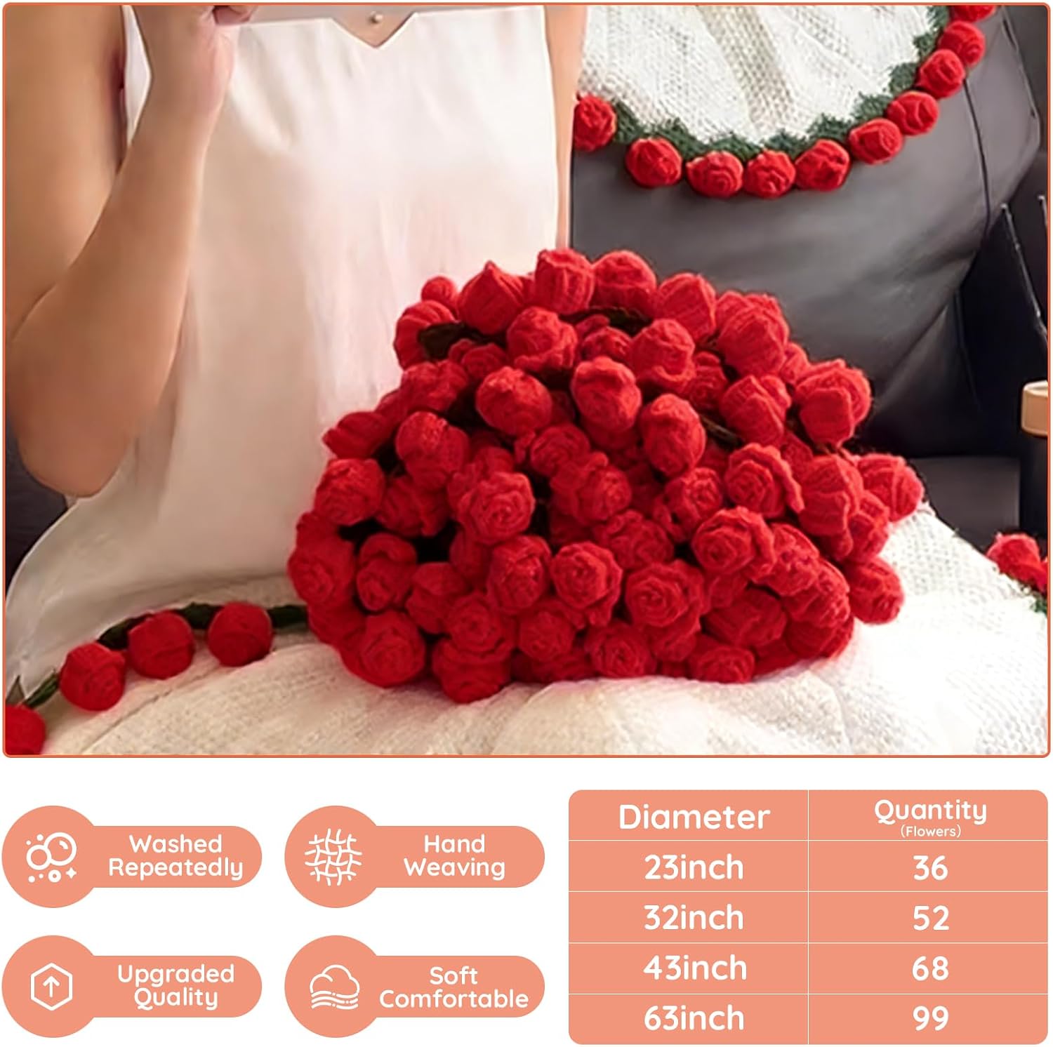 Finished Flower Bouquet Blanket, Crochet Rose Knitted Throw Blanket Crochet Flowers Romantic Gifts for Women Mom Sister Wife Home Decor (Red Rose, 63 inch)