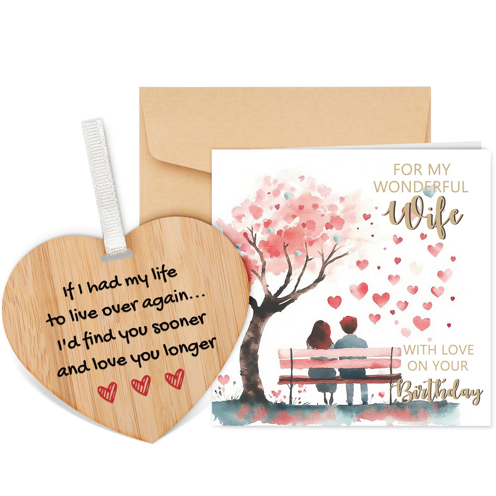 Tulolvae Wife Birthday Card, Wooden Heart Happy Birthday Greeting Cards Gifts for Wonderful Wife from Husband — image 1
