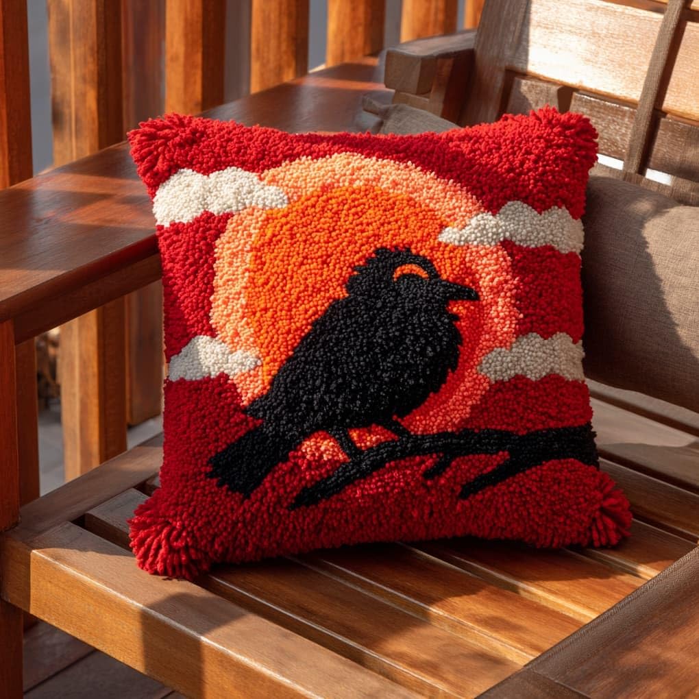 Henypt DIY Latch Hook Kit 43x43cm / 17x17 Inch,Crows on the Moon Complete Crochet Rug Kit with Yarns & Hook,Creative Needlework Gift for Family