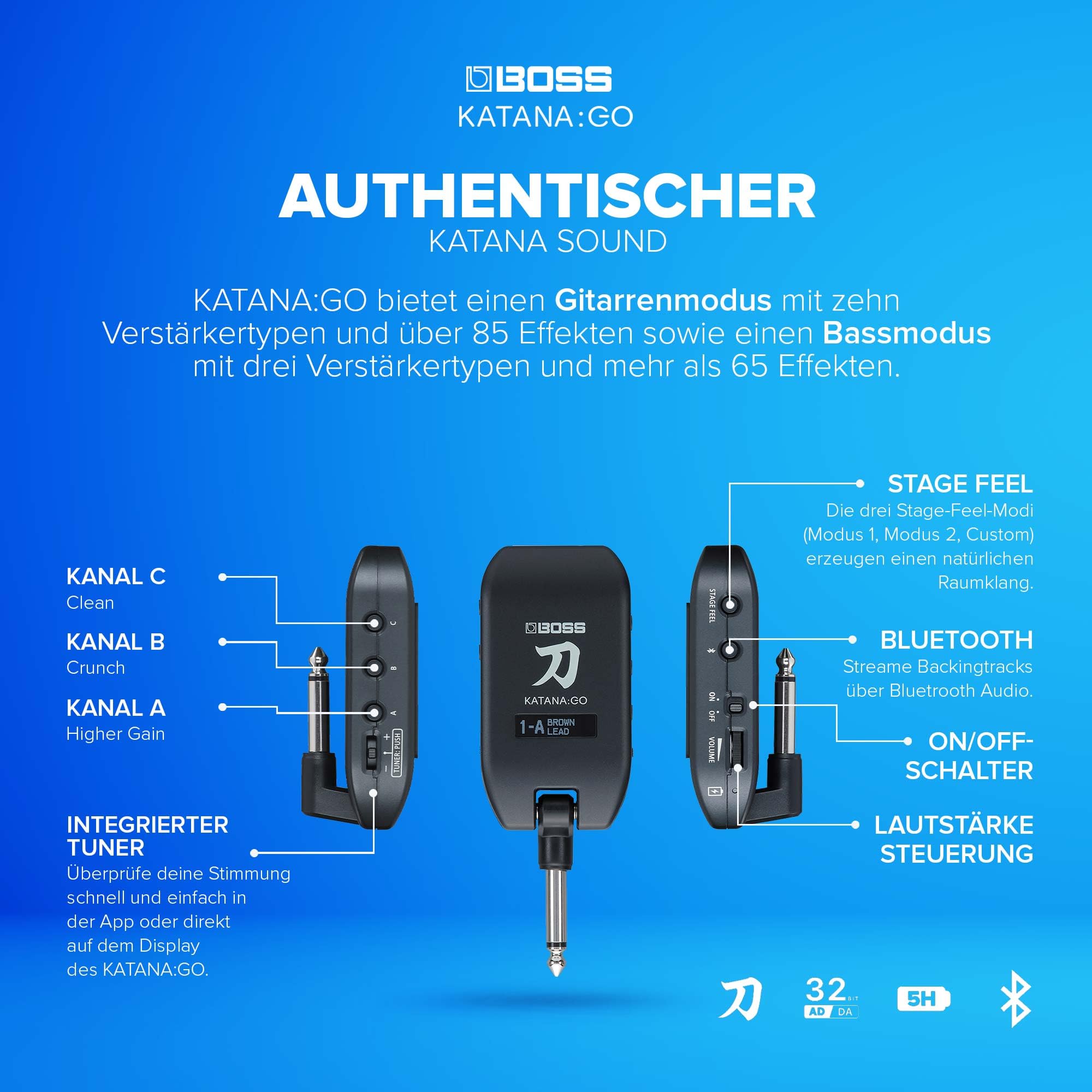 BOSS Katana:GO, Personal Headphone Amplifier für Gitarre & Bass, Spielfertige Sounds aus den Katana Bühnenverstärkern, Innovative Raumklangtechnologie, Bearbeite Sounds & streame Backingtracks