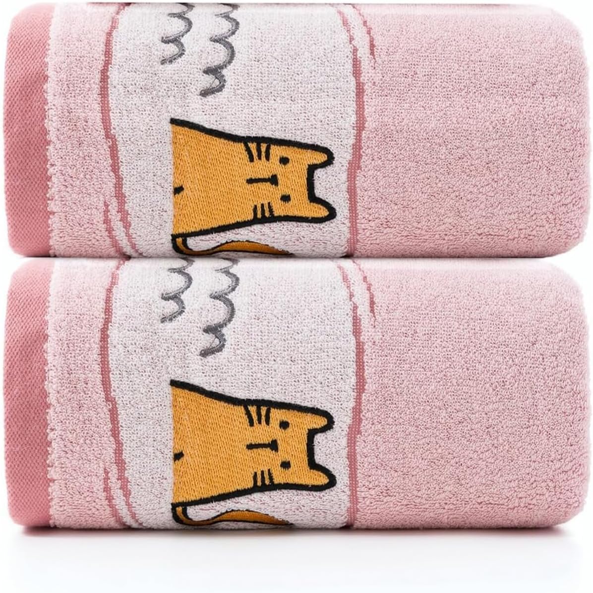 Pure Cotton Bath Towel with Playful Kitten Pattern Print, Strong Water Absorption, Oversized, Suitable for Bathrooms Gym. Pink