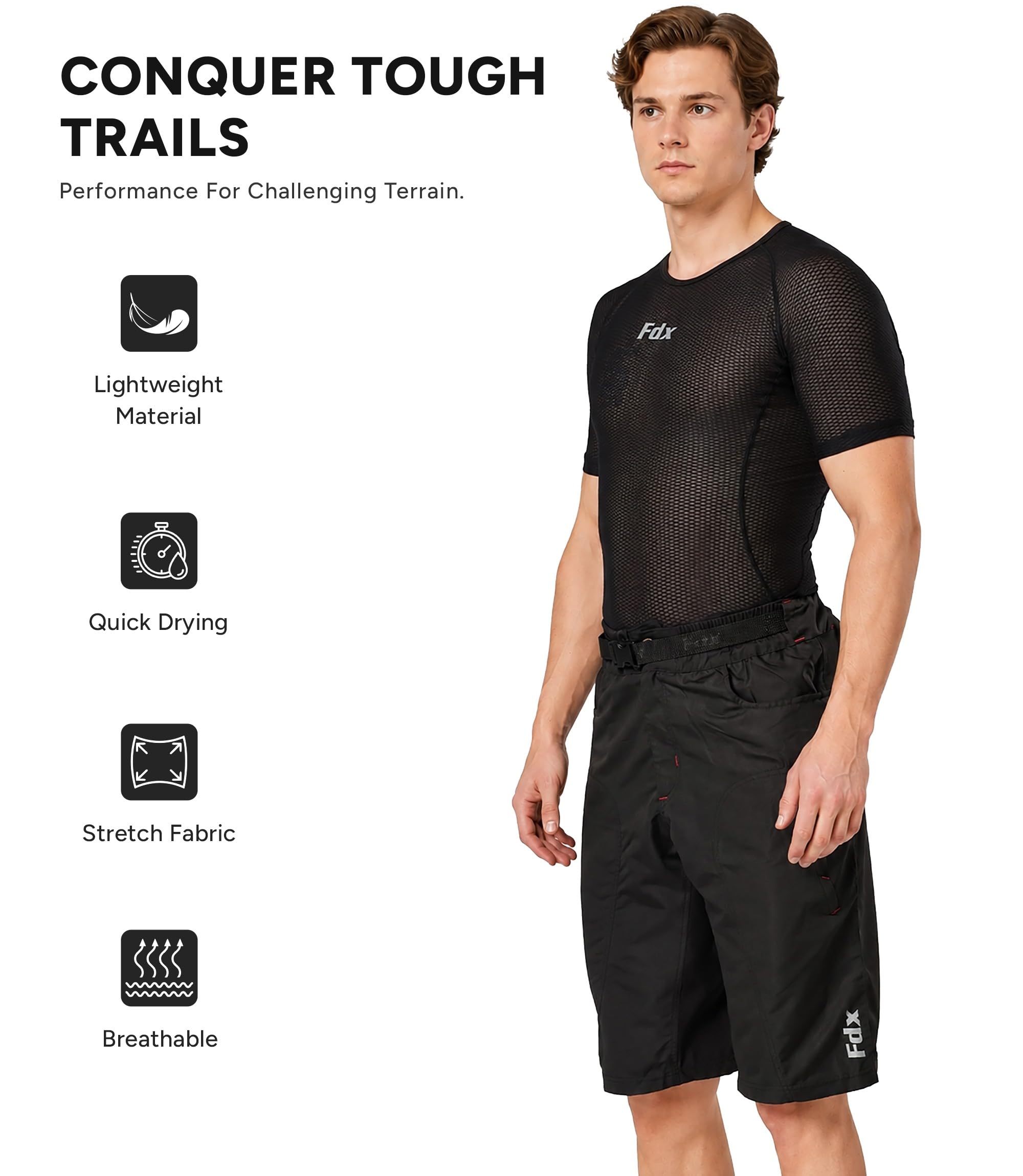 FDX Pantaloncini da mountain bike da uomo, leggeri, con fodera interna imbottita rimovibile, traspiranti, ad asciugatura rapida, con tasche cargo, per allenamento sportivo