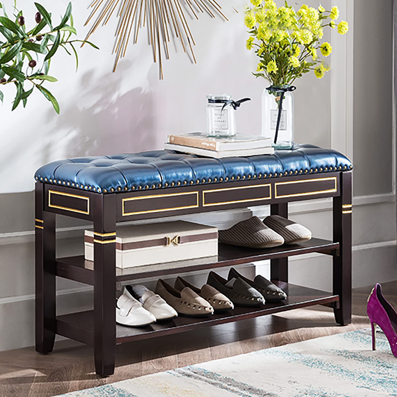 Banc à chaussures vintage en cuir meuble décoratif en bois pour entrée compacte