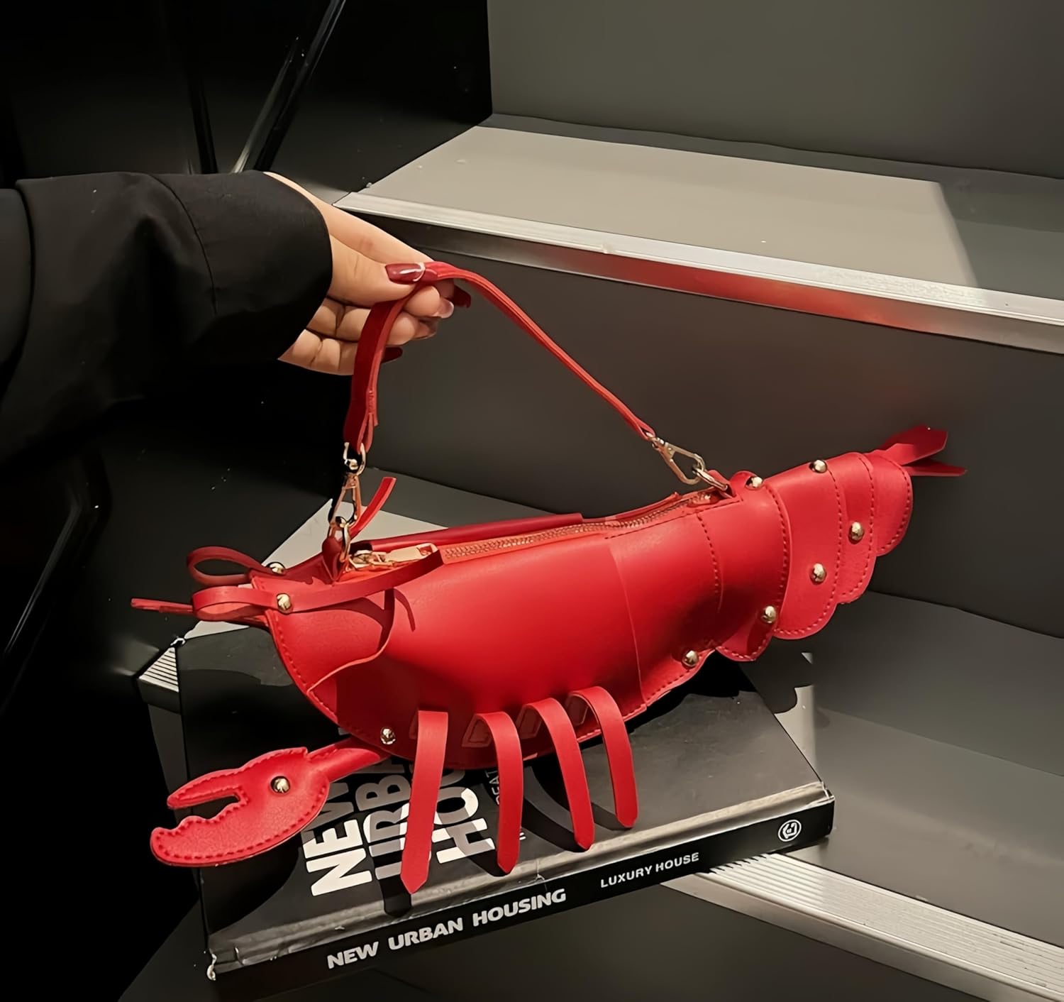 Lobster Shaped Crossbody Bag,Fun Unique Rivets Lobster Design Shoulder,PU,Stylish Handbag Purse for Women Girls