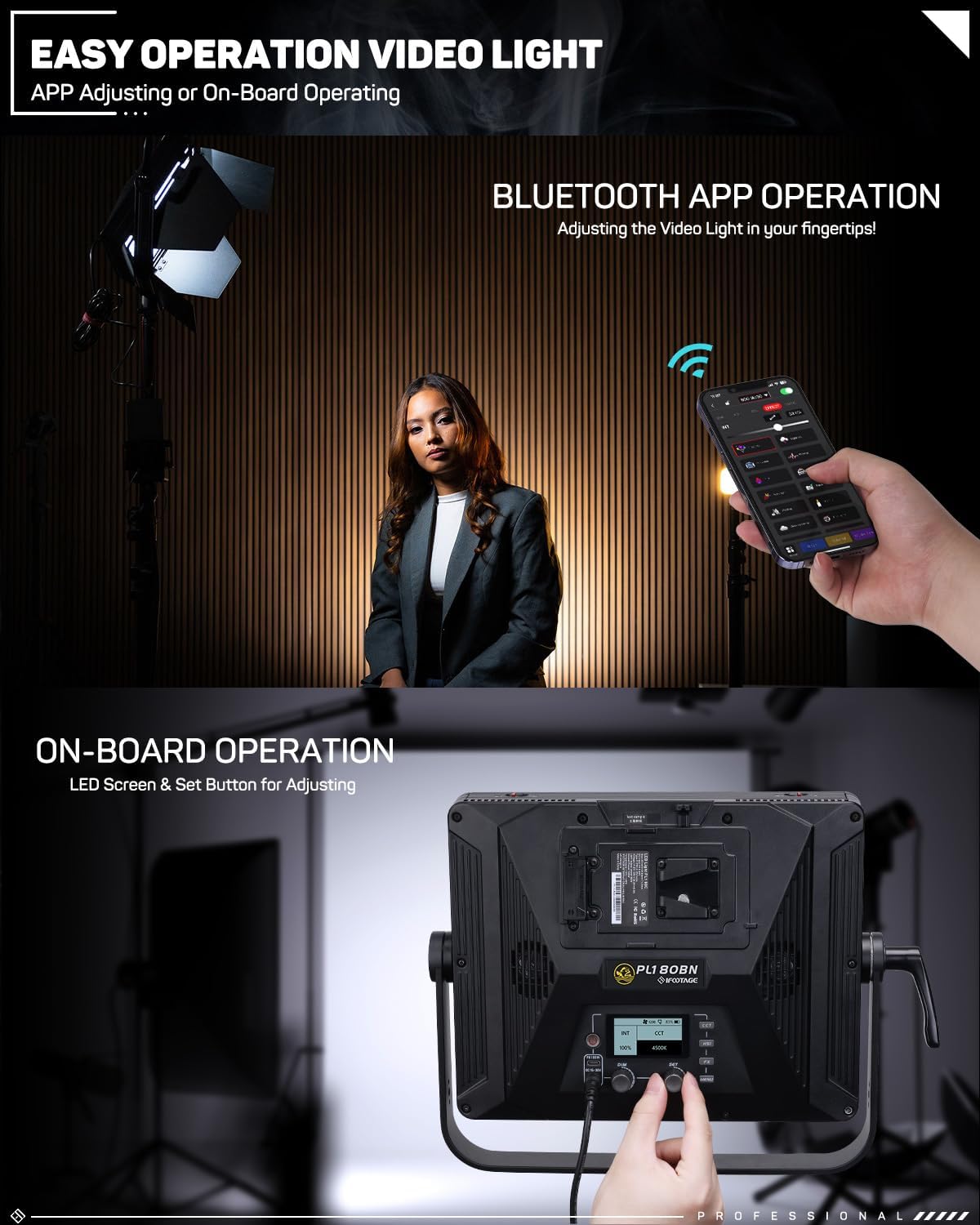 IFOOTAGE 80W LED Video Light, Bi-Color LED Panel Light, Bluetooth APP Control Lights for Video, 2700K-6500K/CRI 98/TLCI 99, LED Panel Light for Vlogging/YouTube/Studio Light, PL1 80BN