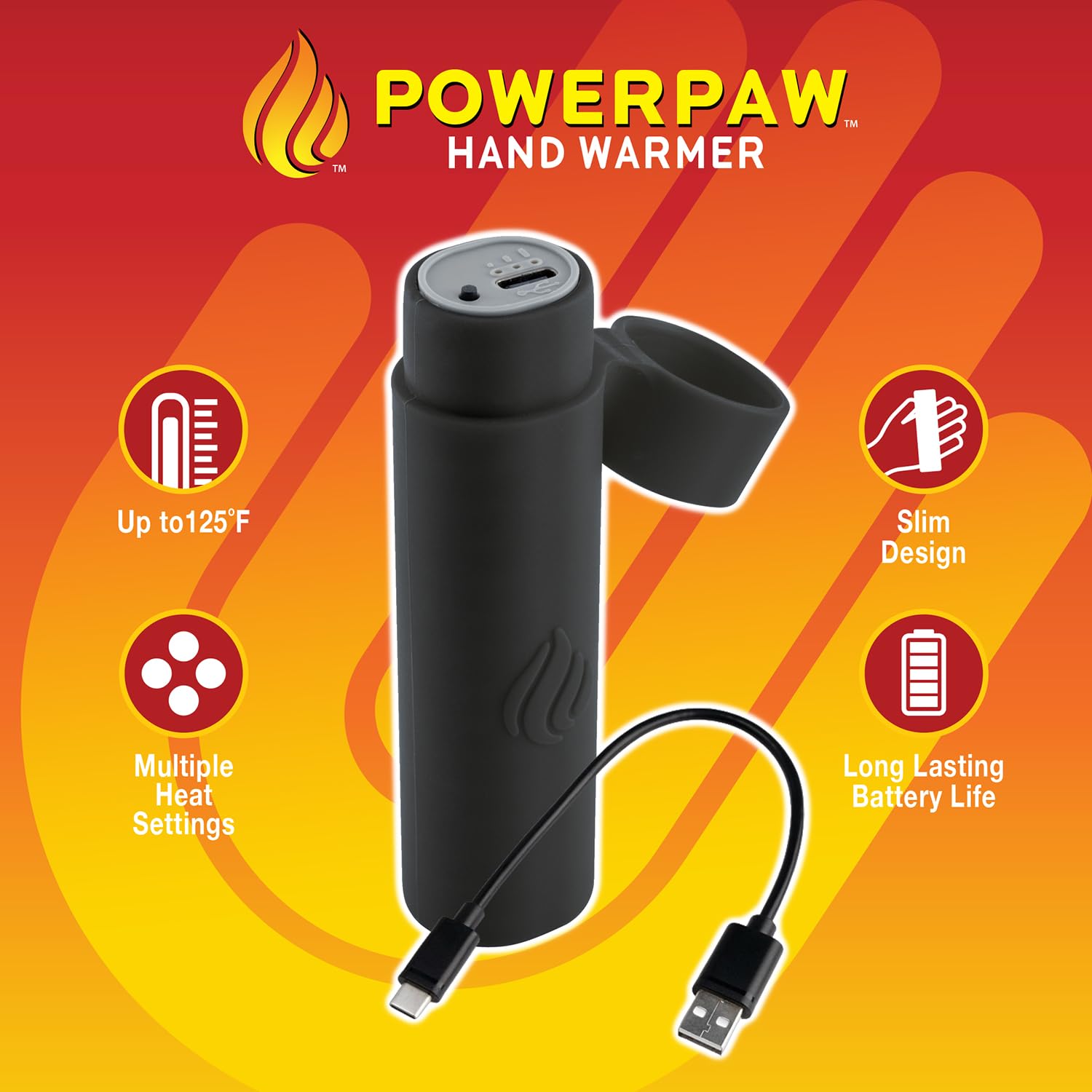 POWERPAW 501 - Scaldamani elettrico portatile, ricaricabile, 3 livelli di calore, batteria da 5000 mAh, USB-C, riutilizzabile, scaldamani per mani fredde, confezione da 4