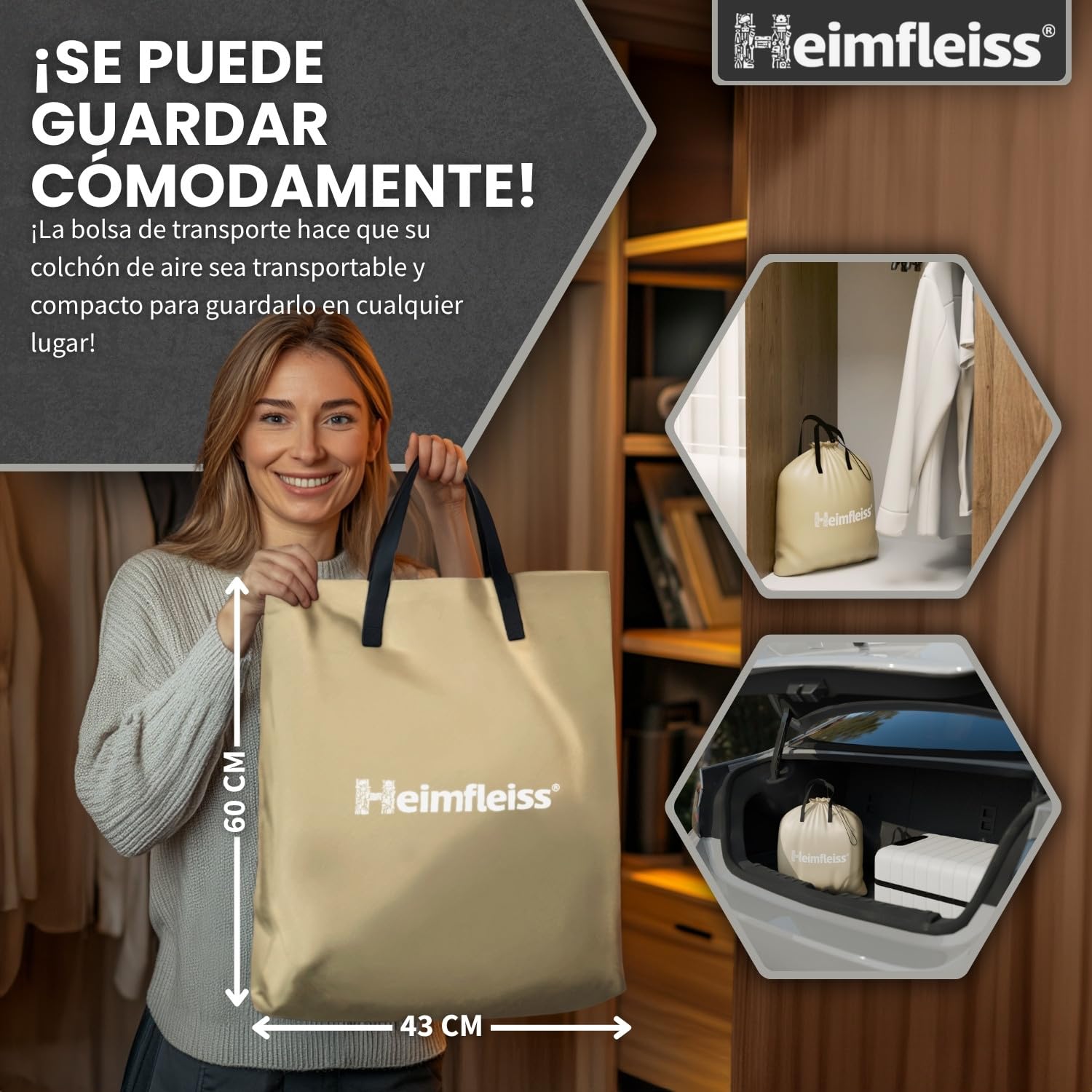 Heimfleiss® Premium Colchón Hinchable Individual Para Invitados | Autohinchable Eléctrico con Bomba Integrada | PVC Resistente Antipinchazos Velour 100x200 x 45 cm | Cama Inflable para Camping | Beige