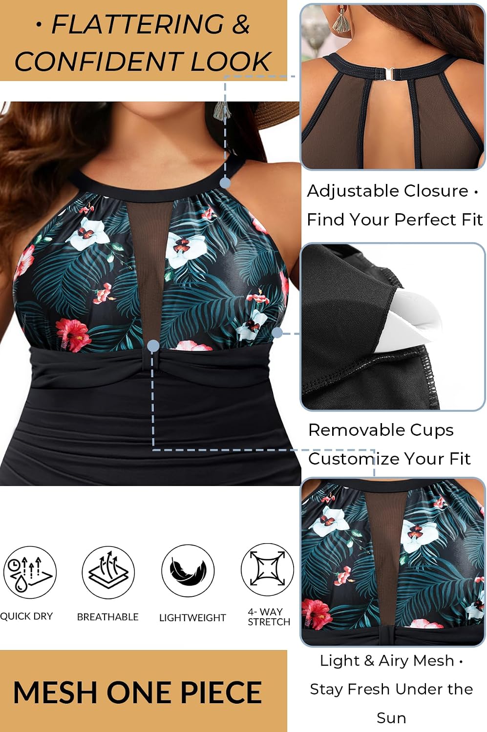Aqua Eve Plus Size Swimsuit Women One Piece Swimsuit Tummy Control High Neck Bathing Suit Ruched Swimwear