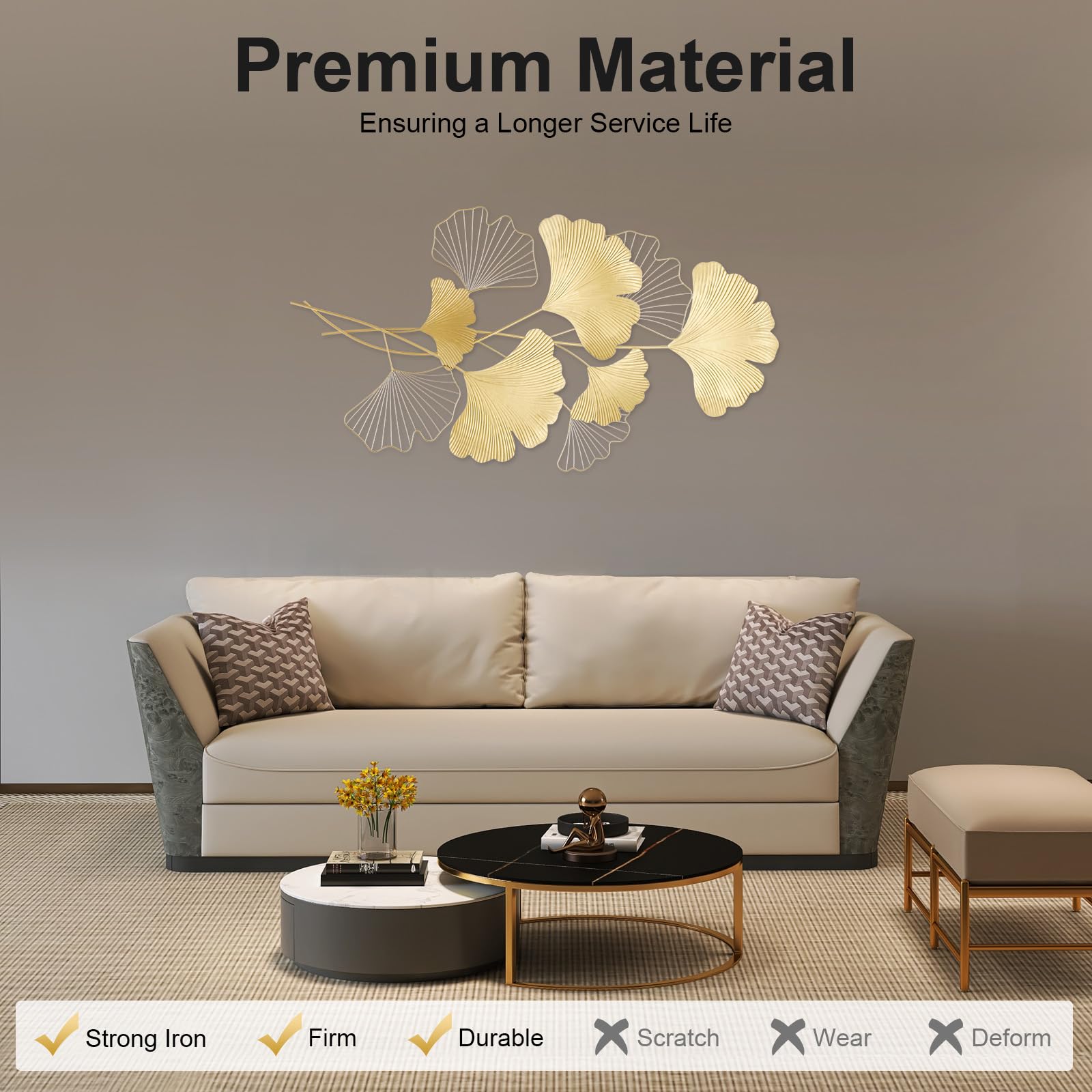 Decorazione da parete in metallo a forma di foglia di ginkgo dorata decorazione 3D per soggiorno, adatta per abitazioni, ville, alberghi, ristoranti e locali commerciali pubblici, dimensioni 109 × 55