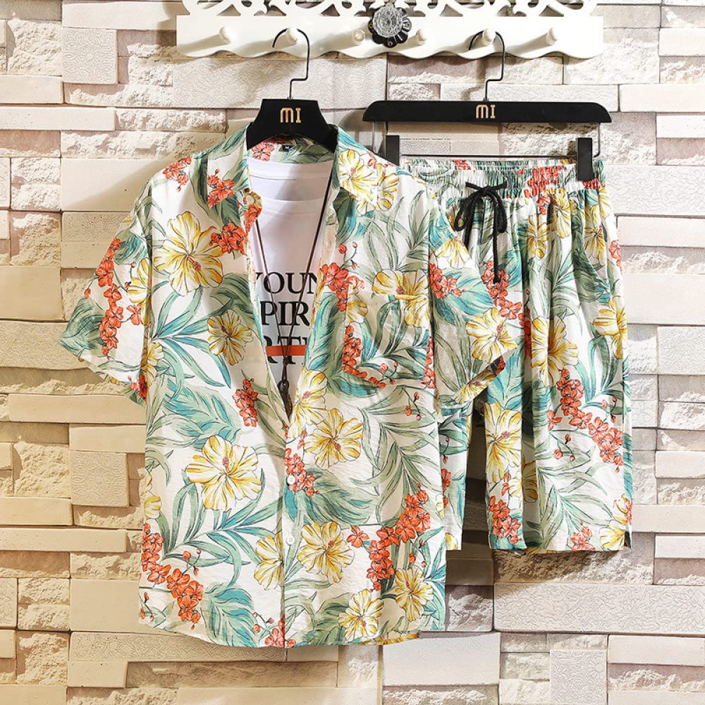 Funky Camisa Hawaiana, Camisa Hawaiana Para Hombre Y Pantalones Cortos De Playa Hawaianos Conjunto De Flores De Plantas Blancas Trajes De Hawaii Camisa De Playa De Manga Corta Casual Y Pantalones Co