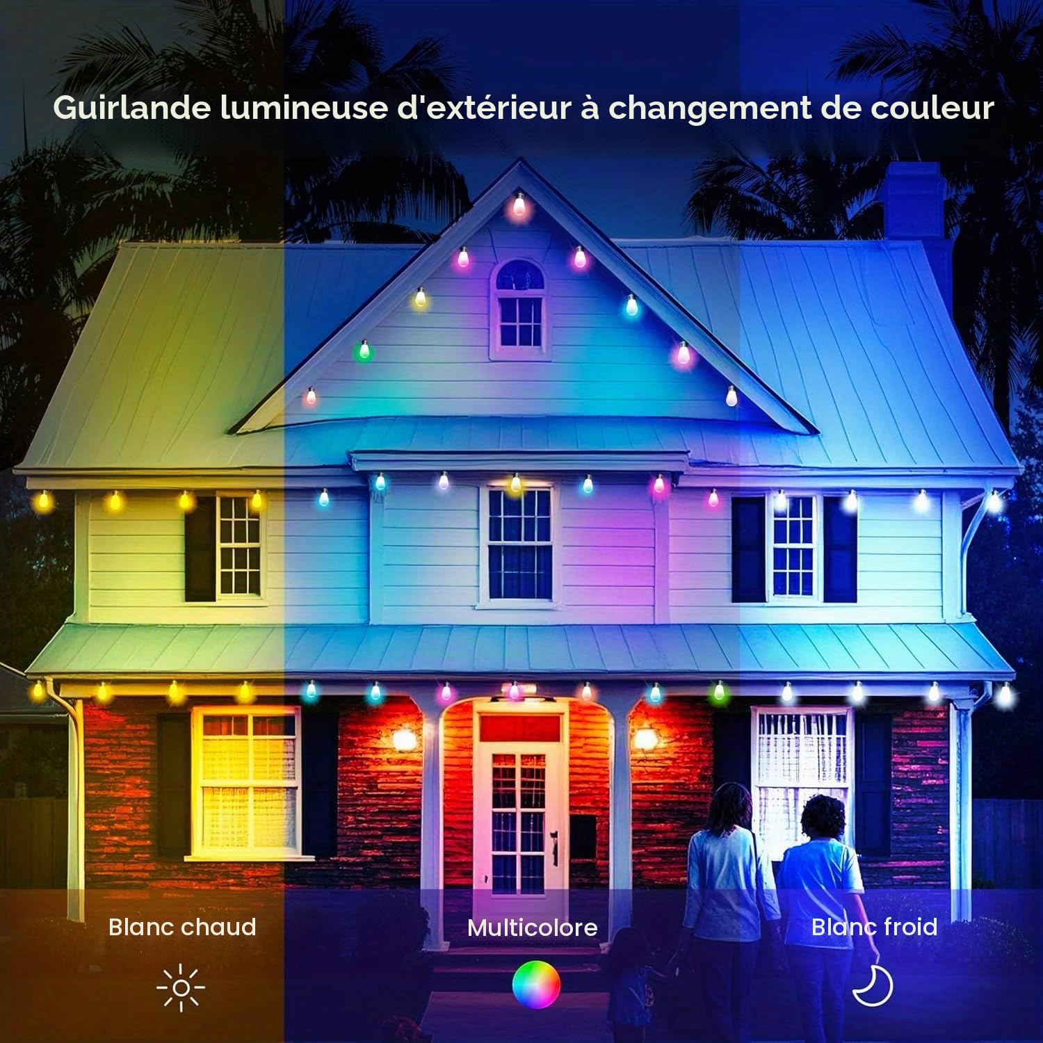 Guirlande lumineuse LED d'extérieur de 15 m, étanche IP65, multicolore, 20 ampoules RVB S14, application intelligente et télécommande contrôlée, pour terrasse, arrière-cour, fête, mariage, jardin