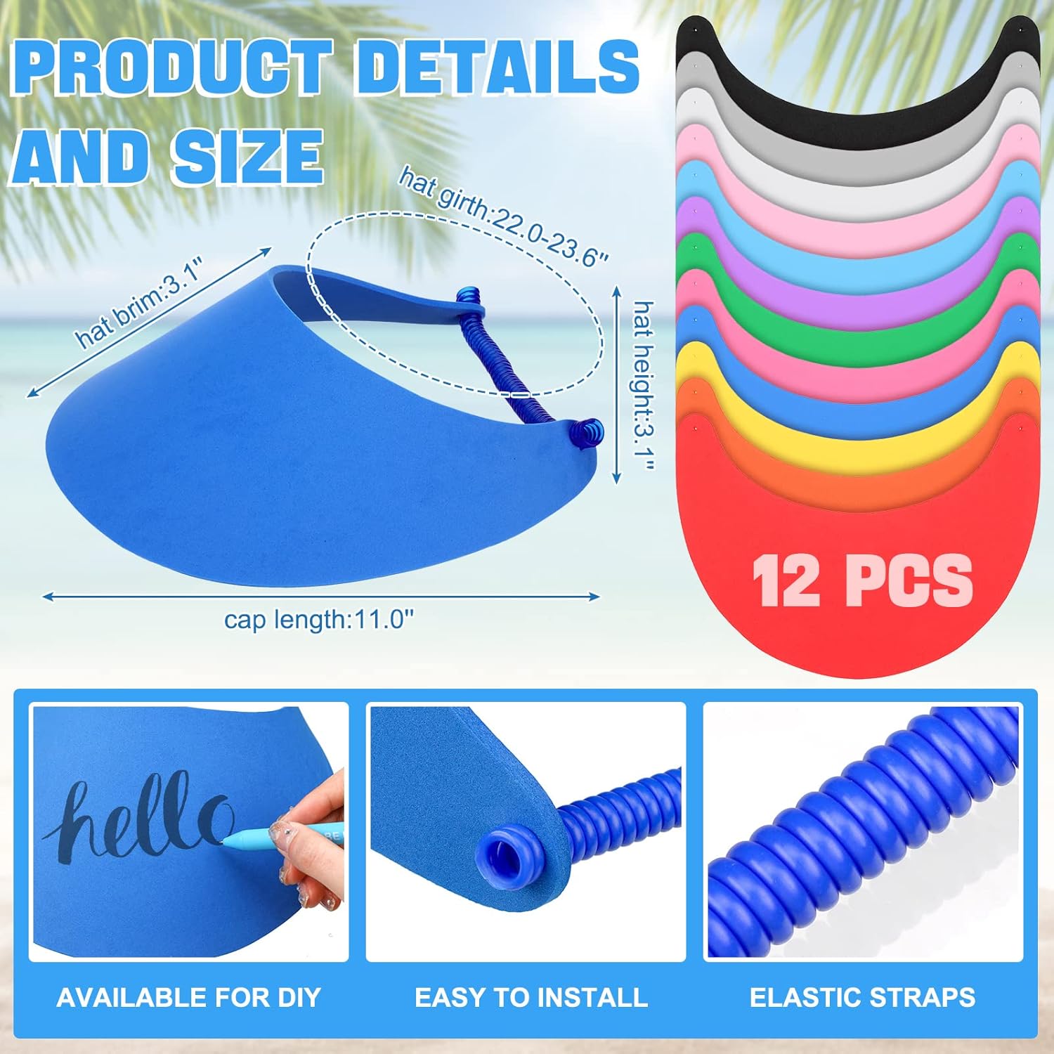 Retisee 12 Pcs Summer Foam Visors for Men Women Adjustable Foam Visors with Coil Bands Sun Visor Hat Golf Sun Protection Cap