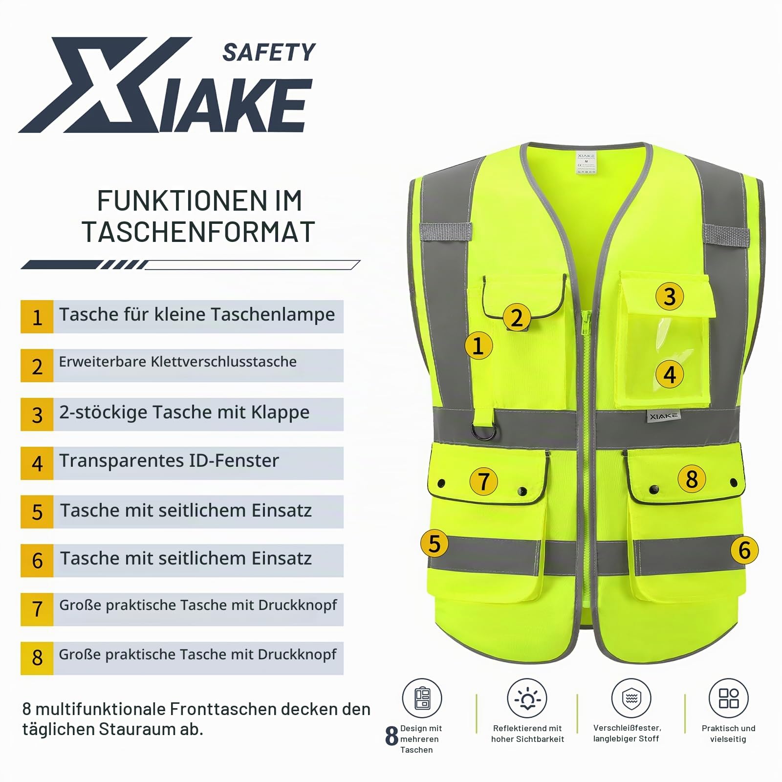 XIAKE RV120528 Reflektierende Sicherheitsweste mit hoher Sichtbarkeit mit 8 Taschen