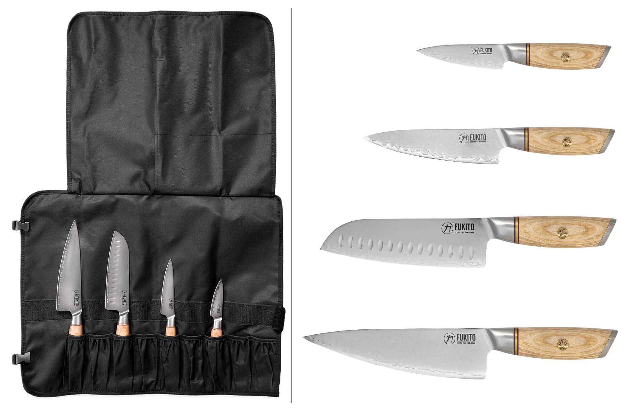 Fukito - Mallette 4 Couteaux de Cuisine Design Japonais Pakka San Mai Manche en Bois de Pakka Mallette 9 Places Office + Universel + Santoku + Chef