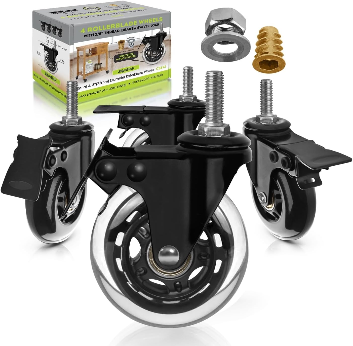 Slipstick 3 Inch Rubber Caster Wheels with Brake Locks (4 Pack) Heavy-Duty Rollerblade Style Castors with 3/8” – 16 UNC Threaded Stem & Mounting Hardware, Black/Clear