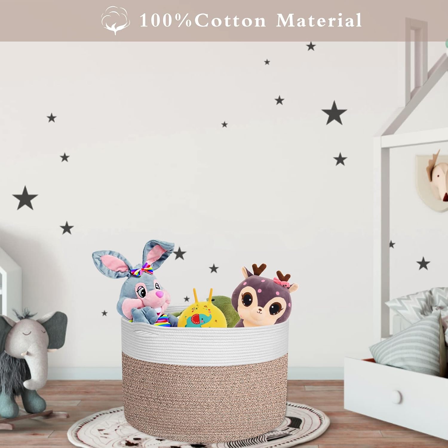 Cotton Rope Storage Basket 21.7" x 21.7" x 13.8", Woven Rope Laundry Storage Basket, Blanket Organizer Basket with Handles for Living Room, Bedroom, Kids Room, Laundry Room and Nursery Room