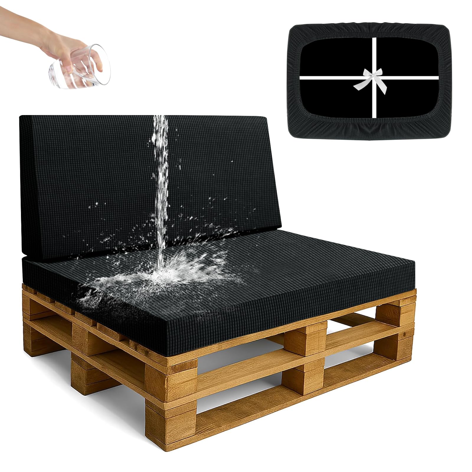 SYLC Waterproof Pallet Cushions Covers, Stretch Cover for Pallet Furniture Cushions with 4 Ties, Outdoor Corner Sofa Covers for Rattan Patio Garden Caravan (Darkgrey,2 PCS(1 Seat+1 Back))