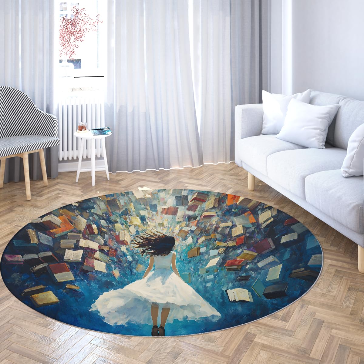 Tapis Rond 100cm Livres Volants Fille Anime Tapis Circulaire Style Peinture Huile bibliothèque Magique antidérapant Fin Faible épaisseur carpette déco Salon Bureau Appartement