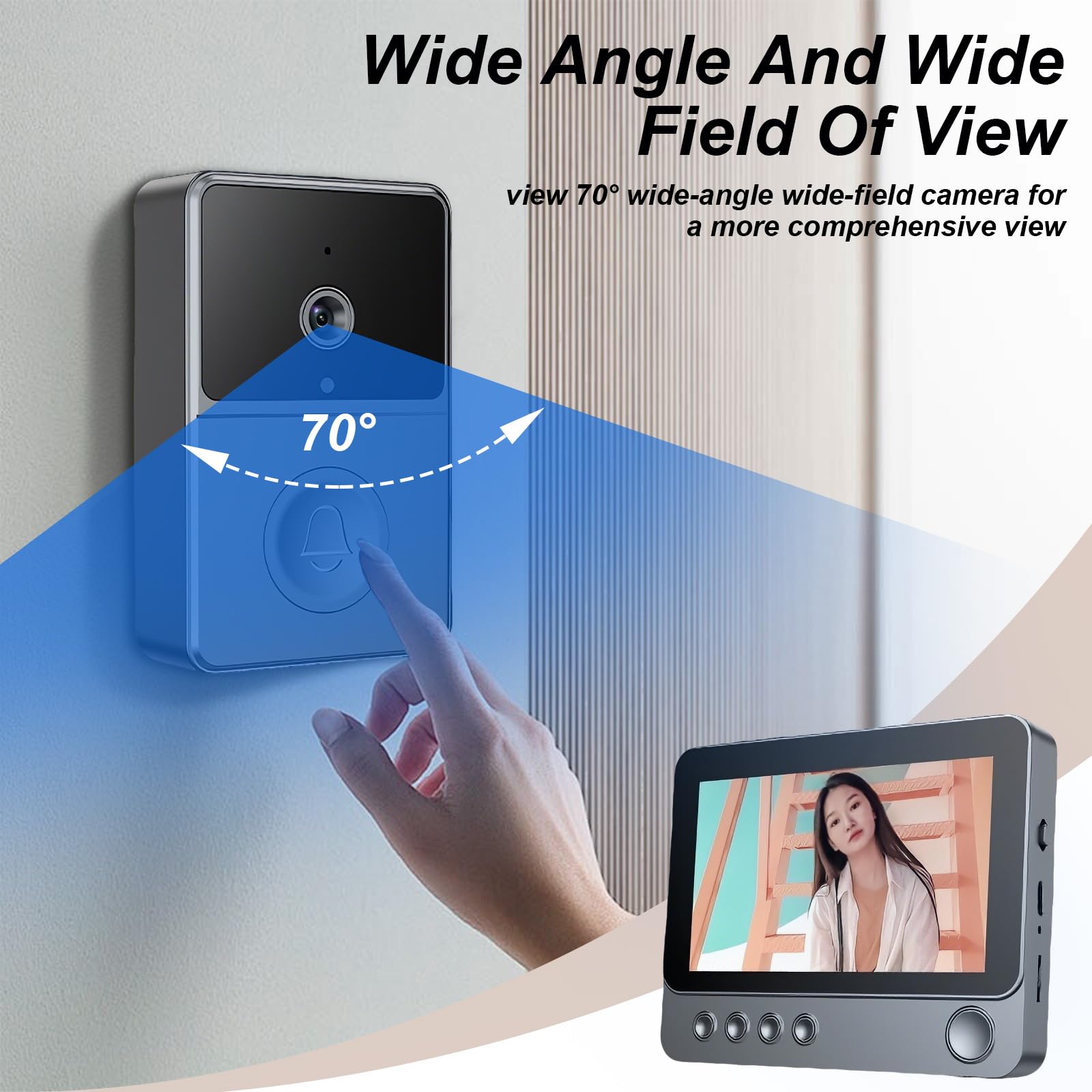 1080P Video Türklingel Kabellos mit Kamera, 4,3 Zoll Bildschirm Drahtlos Video Türklingel, IPX4 Wasserdicht Video Gegensprechanlage Türklingel ohne WLAN, kein APP, Video 70°, 2.4GHZ Videodoorbell
