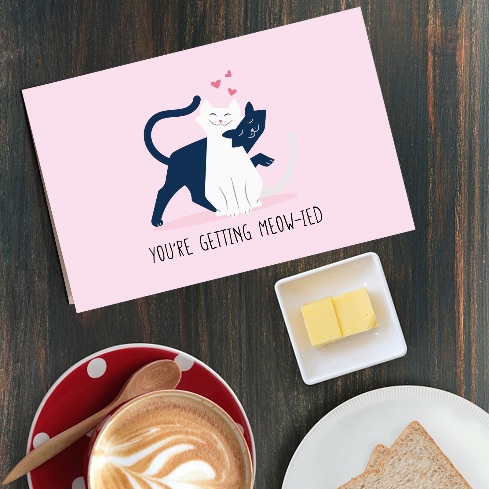 Qiliji Süße Katzen-Verlobungskarte, lustige Hochzeits-Glückwunschkarte, "You're Getting Meow-ied Married" Wortspielkarten