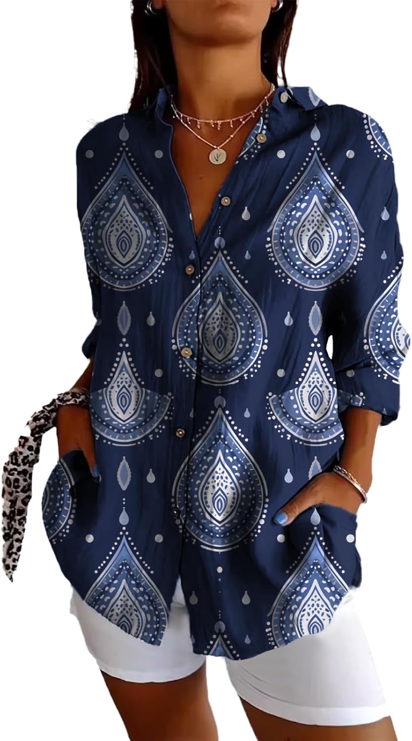 Linen Long Sleeve Shirt Women Bohemian Cool Graphic V Neck Collar Three-Quarter Sleeve Oversized Blouses