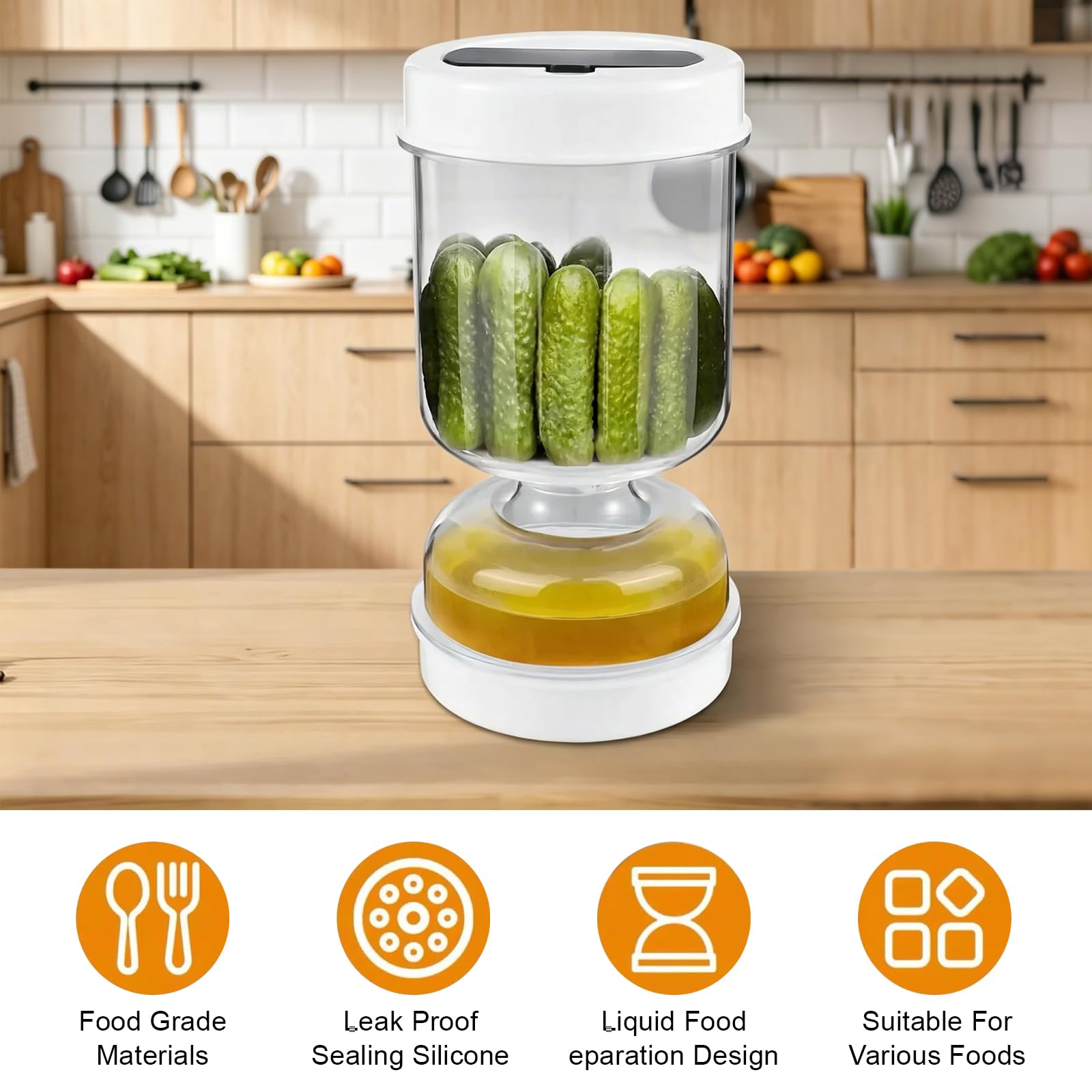 Bote Aceitunas 750ml con Tapa Hermética, Tarro Aceitunas Separador Liquido con Forma de Reloj de Arena, Tarros con Tapa sin Bpa, Accesorios Cocina con Tenedor Plegable, Perfecto Para Pickles Bote