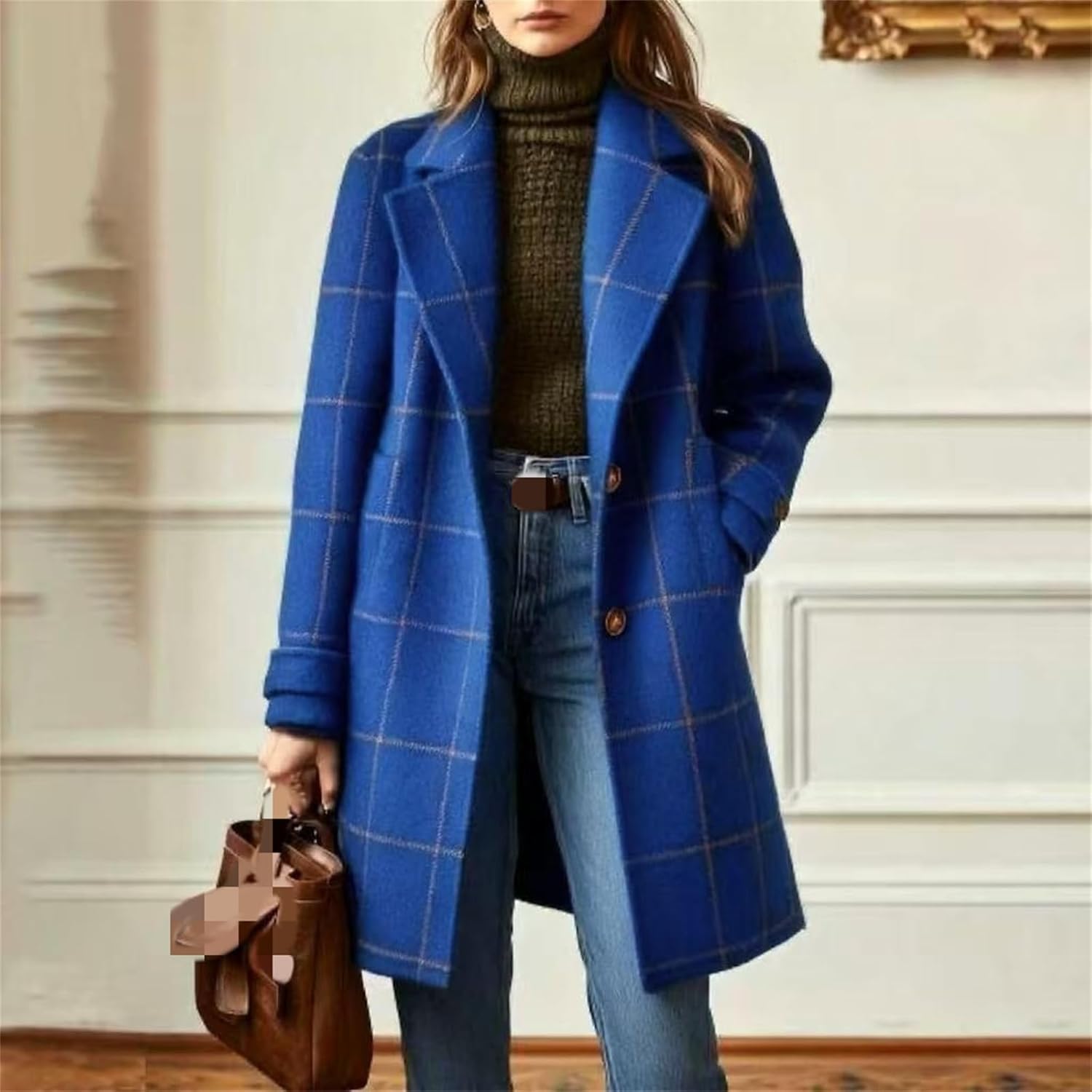 Women's Winter Notched Collar Plaid Trench Coat, Button Down Mid Long Overcoat Outerwear, Trendy Trench Coat