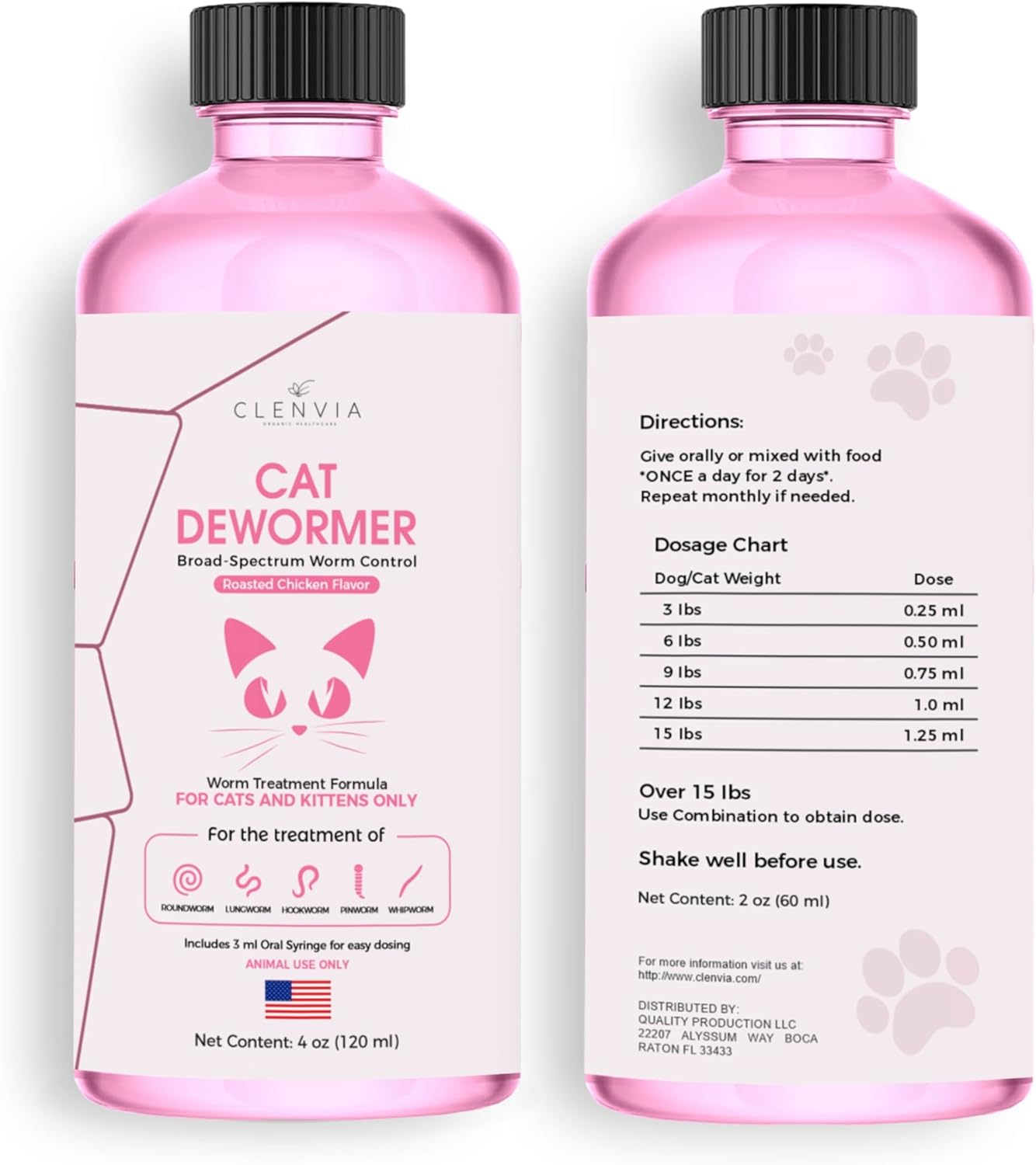 Dewormer for Cats Liquid – Chicken Flavor Cat Dewormer for Cats & Kittens – Oral Formula with Syringe – Tapeworm Care Support – 2 oz (60 ml)