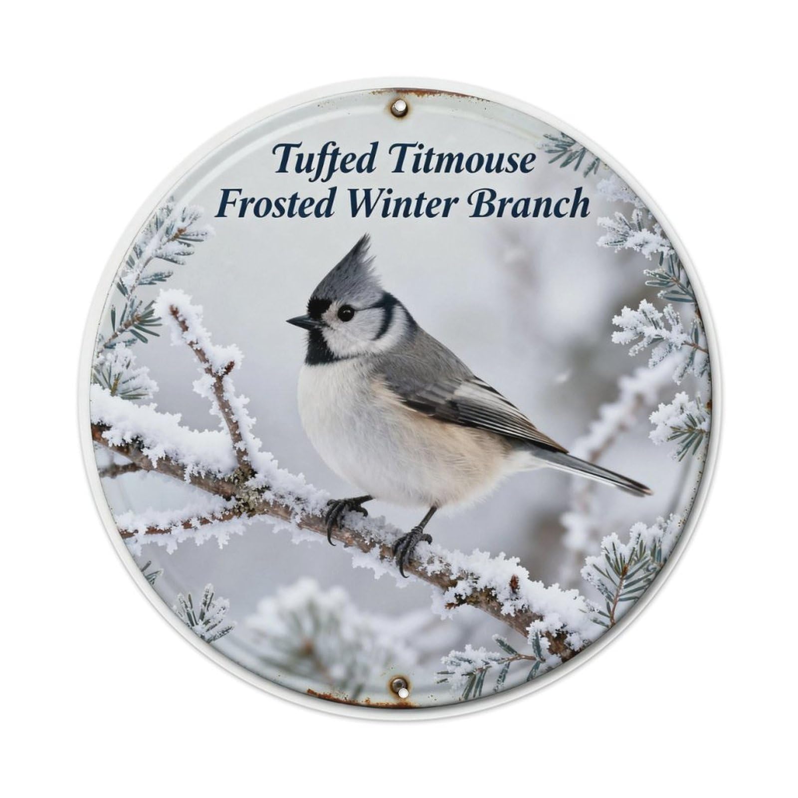 Tufted Titmouse Frosted Winter Branch Metal Tin Sign Plaque