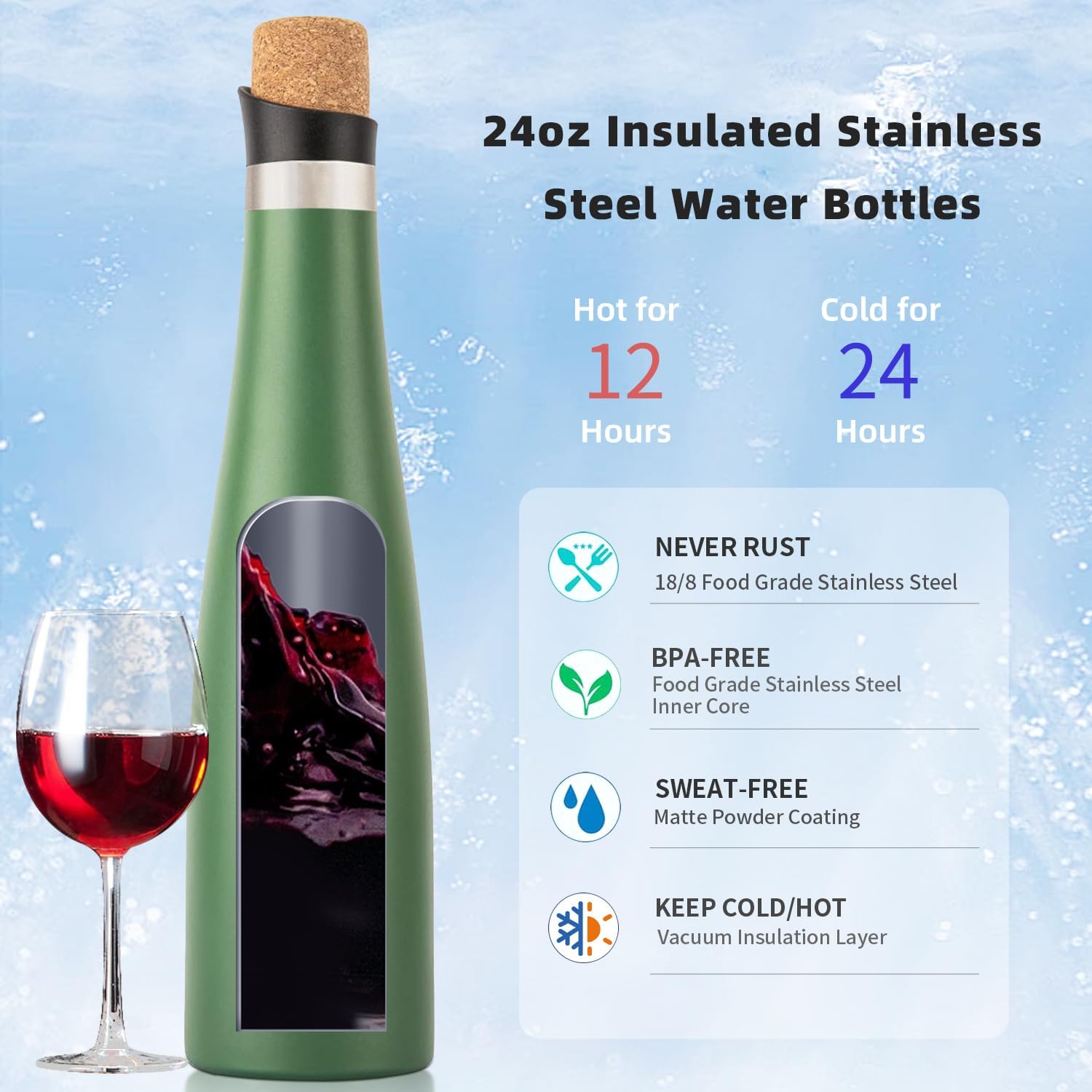 koodee Wine Bottle - 24 oz Insulated Stainless Steel Wine Bottle with Double Wall Vacuum Sealed Lids,for Wine Lovers Keeps Wine Cold for 24 Hours and Hot for 12 Hours (Mint,700ml) - Image 4