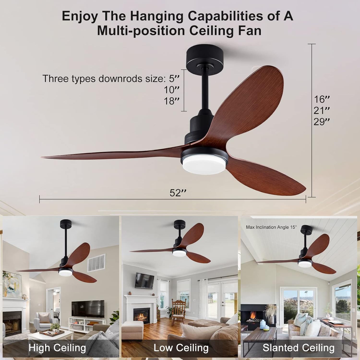 52 Inch Ceiling Fans with Light and Remote, Ceiling Fans with 3 ABS Blades and Down Rod, 6 Speed DC Motor, Indoor Outdoor Ceiling Fan for Patio, Bedroom, Living Room, Office, (Raw Wood Color)