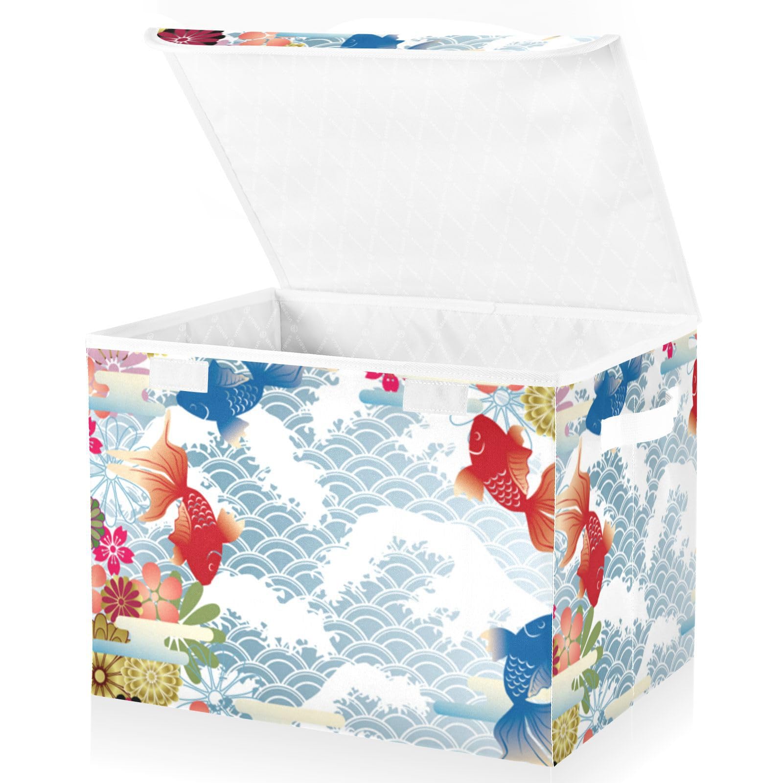 VIGTRO Retro Japanese Perlage Storage Bins with Lids Foldable Storage Boxes with 2 Handles, Colorful Koi Fish Decorative Storage Basket Collapsible for Clothes Books