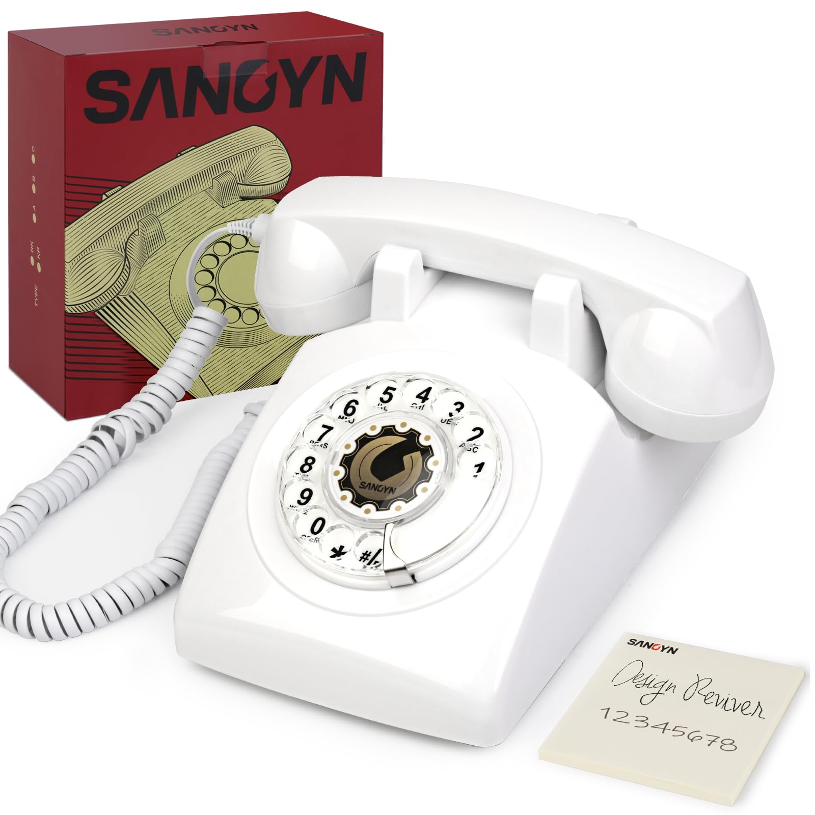 Sangyn Vintage Rotary Phone 1960s Retro Landline Telephone Old Fashioned Corded Phones with Mechanical Ringer for Home Office Desk,White