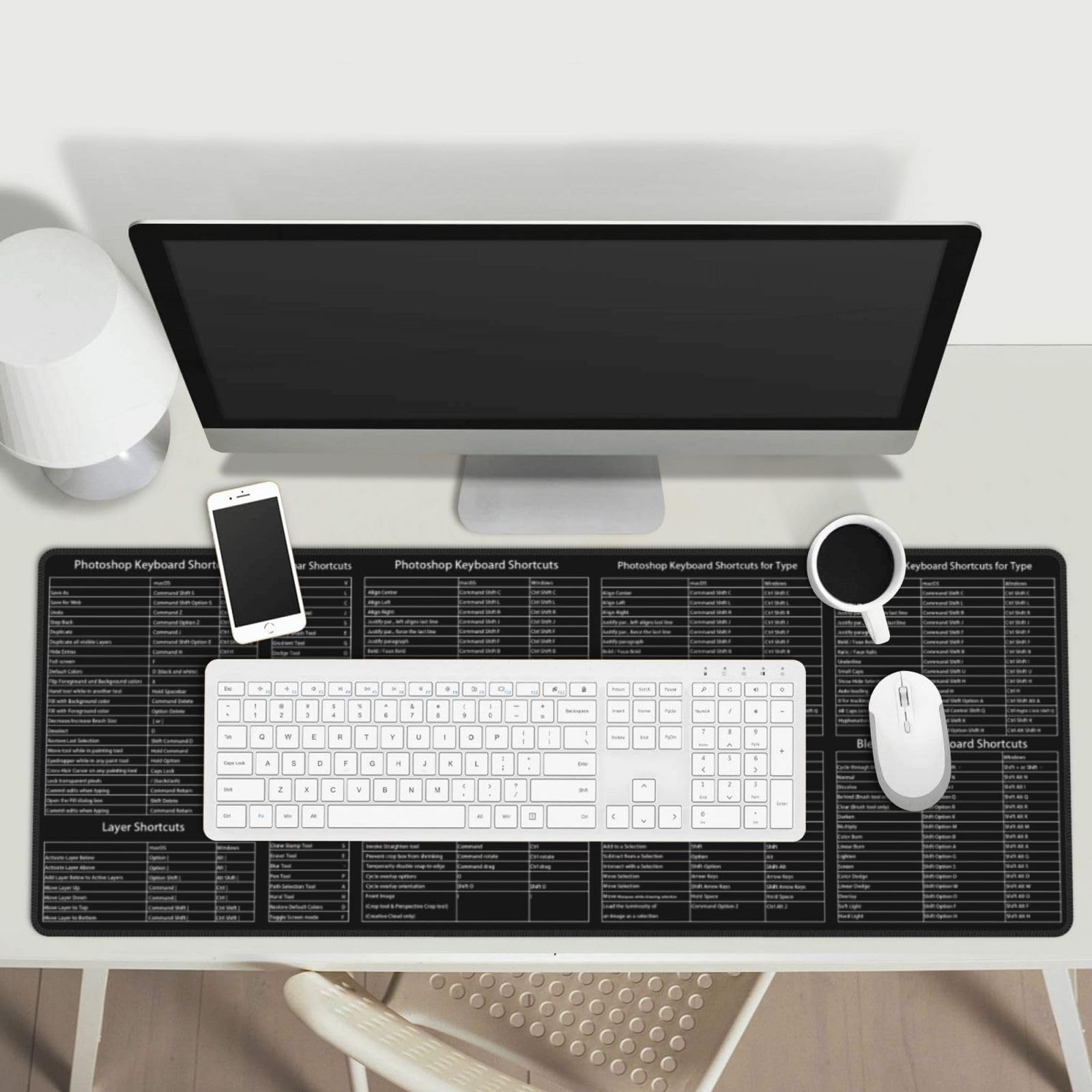 PS Shortcut-Tastenkombinationen Gaming-Tastatur-Mauspad Schreibtischunterlage, riesig, verlängert, XL, mit genähter Kante und rutschfester Gummibasis für Zuhause und Büro (80 x 30 cm)